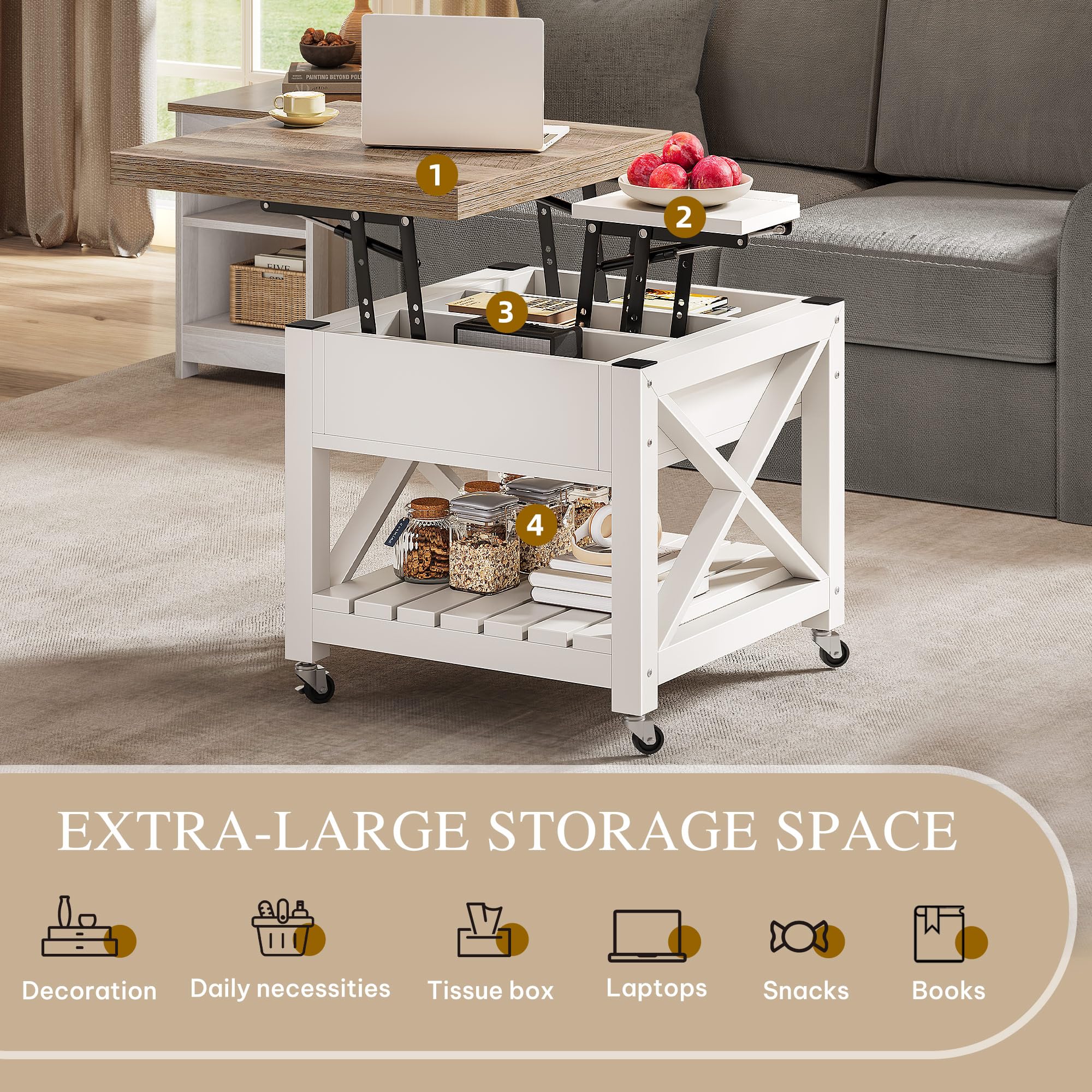 YITAHOME Lift Top Coffee Table with Wheels - Farmhouse Style Square Center Table with Storage Compartment, 2-Tier Rolling Coffee Table for Living Room & Dining Area - Grey Wash Finish | Perfect for Small Spaces, Home Office & Apartment Decor