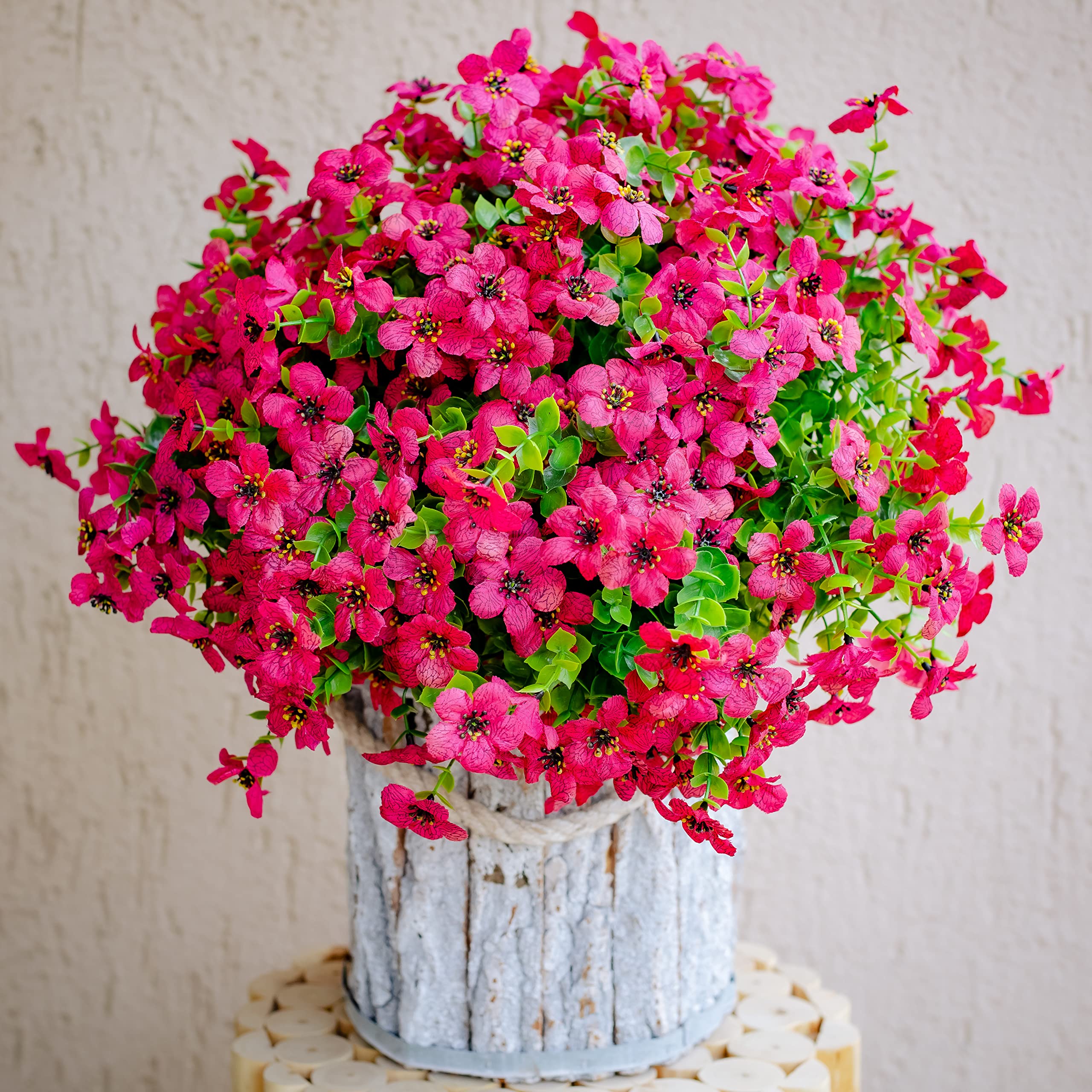 16 Bundles UV Resistant Artificial Boxwood Plants - Fade Proof Outdoor Fake Shrubs for Spring Home Decor, Farmhouse Garden Greenery (Red Pink) - Perfect for Patio, Porch, and Landscape Design