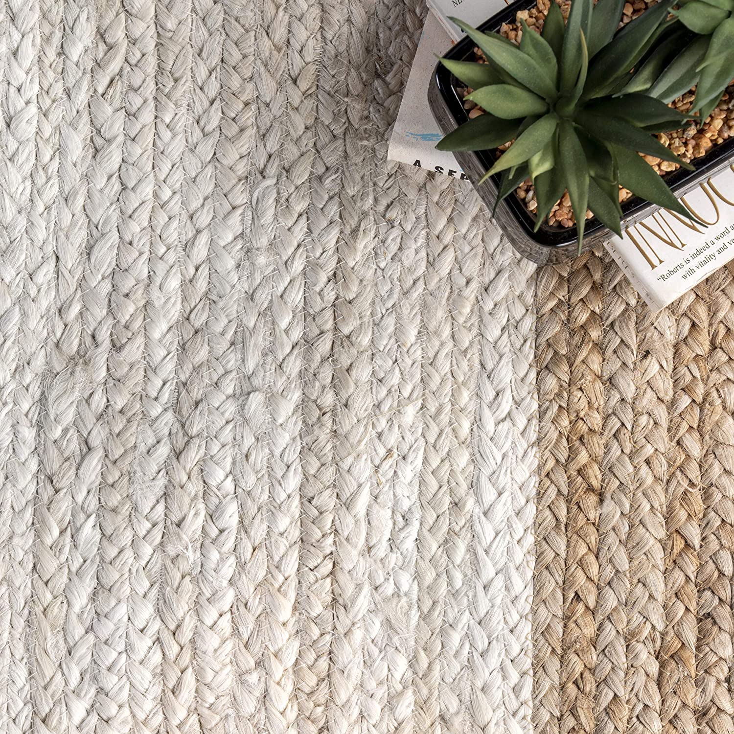 Hand Braided Jute Area Rug - Rectangle White & Beige Border - 7x11 Feet - Eco-Friendly Natural Fiber Carpet for Living Room, Bedroom, Indoor & Outdoor Use - Perfect for Boho, Farmhouse & Coastal Decor Styles
