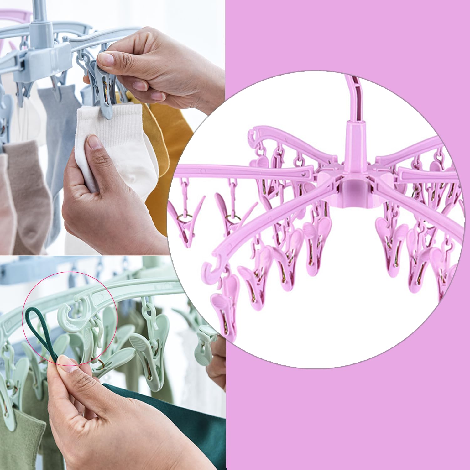 Foldable Drying Rack with 24 Clips - Space Saving Laundry Organizer for Socks, Lingerie, Baby Clothes & Towels | Rotatable Design for Efficient Drying | Perfect for Small Apartments, Bathrooms & Travel Use