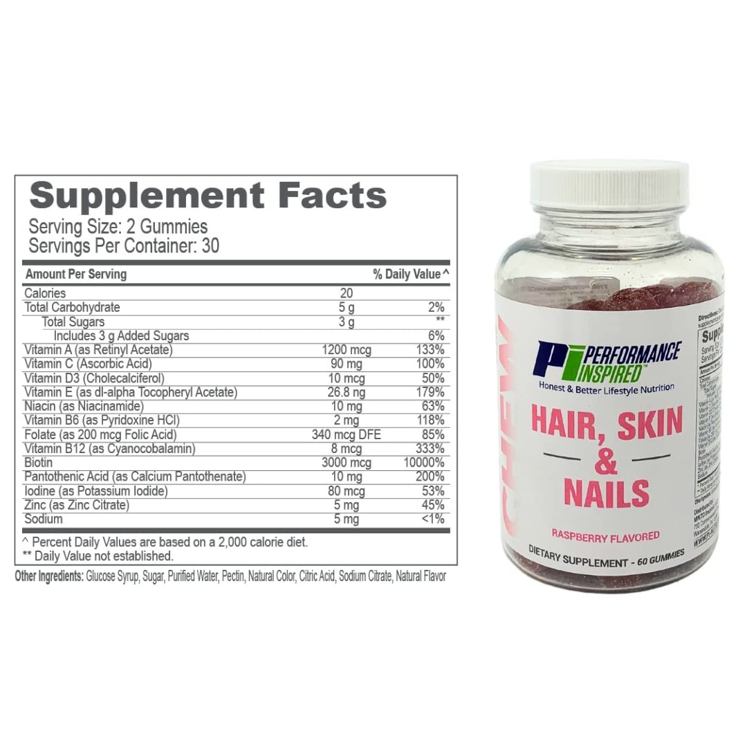PERFORMANCE INSPIRED Biotin Gummies 3000mcg with Zinc 5mg - Hair Growth, Skin & Nails Vitamins - Raspberry Flavor (60 Count) - Supports Healthy Hair, Glowing Skin & Strong Nails - Perfect for Daily Beauty Routine & Wellness Support