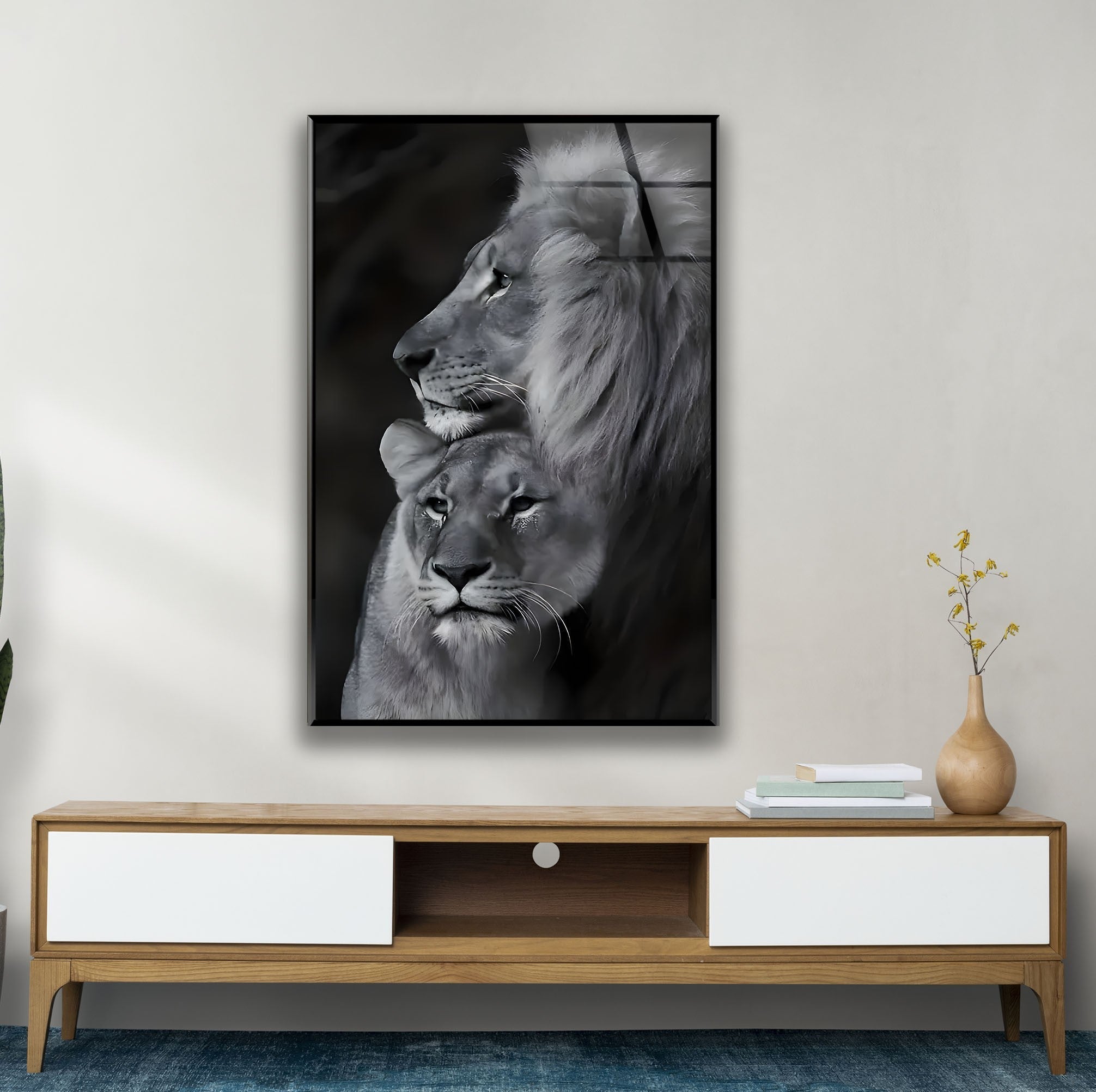 Black & White Lion Family Glass Wall Art - Elegant Home Decor for Living Room, Bedroom & Office - Perfect Gift for Animal Lovers