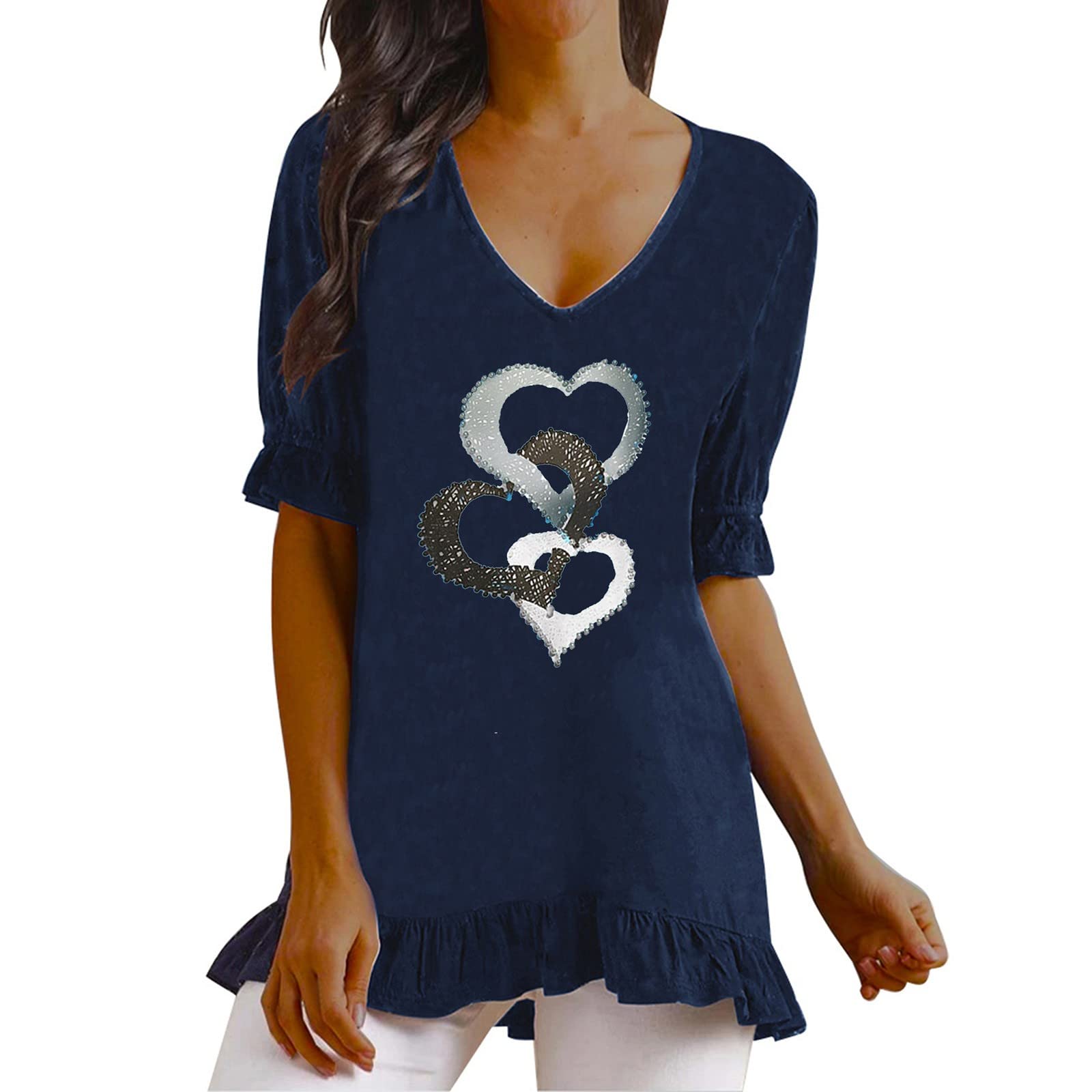 Boho Women's Summer Tops - Floral Printed V Neck Short Sleeve Linen T-Shirt | Casual Ruffle Tee for Beach, Vacation & Everyday Wear