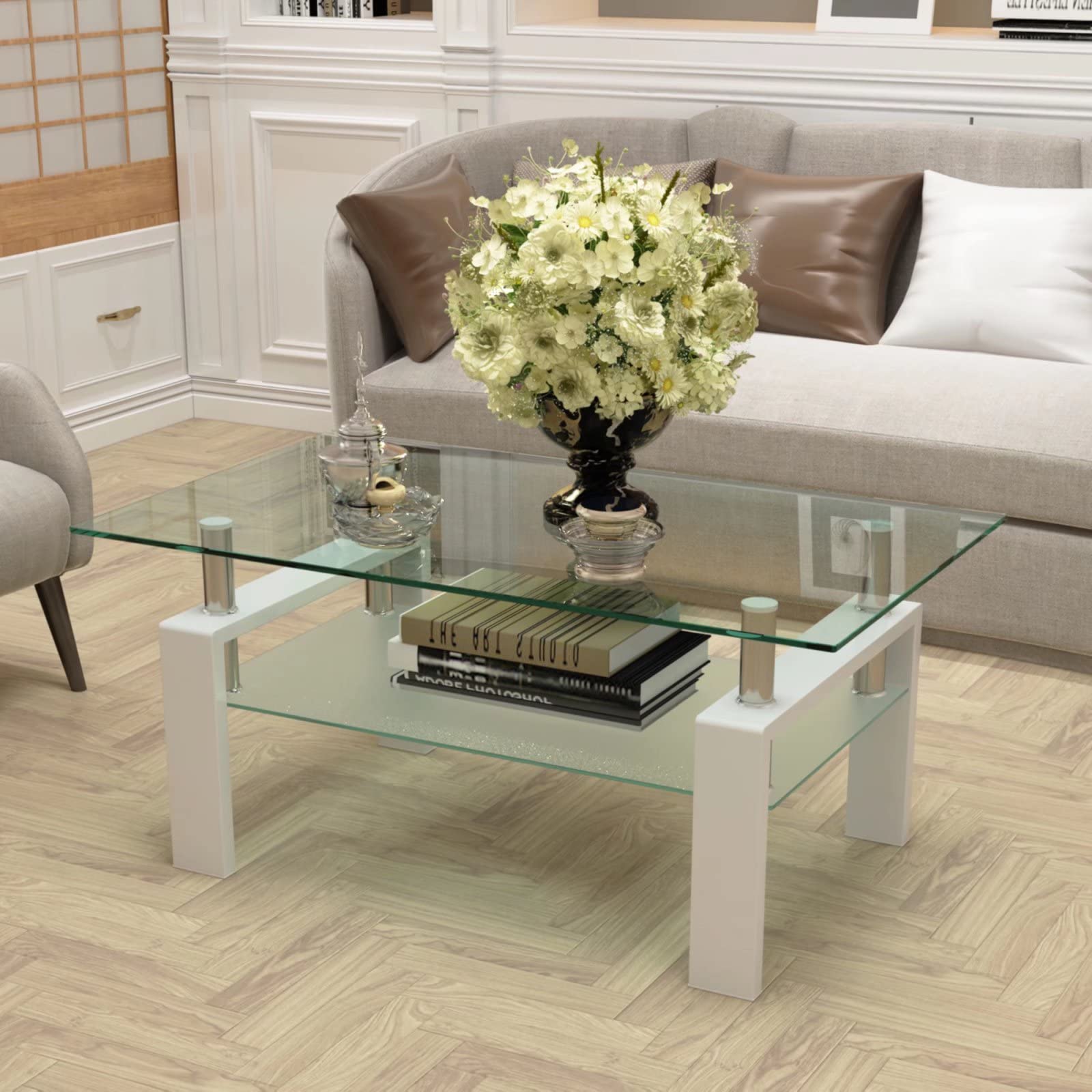 Modern Rectangle Glass Coffee Table with Lower Storage Shelf - Stylish Side Table & Tea Table for Living Room, Bedroom, Office | Perfect for Small Spaces, Home Decor & Entertaining Guests
