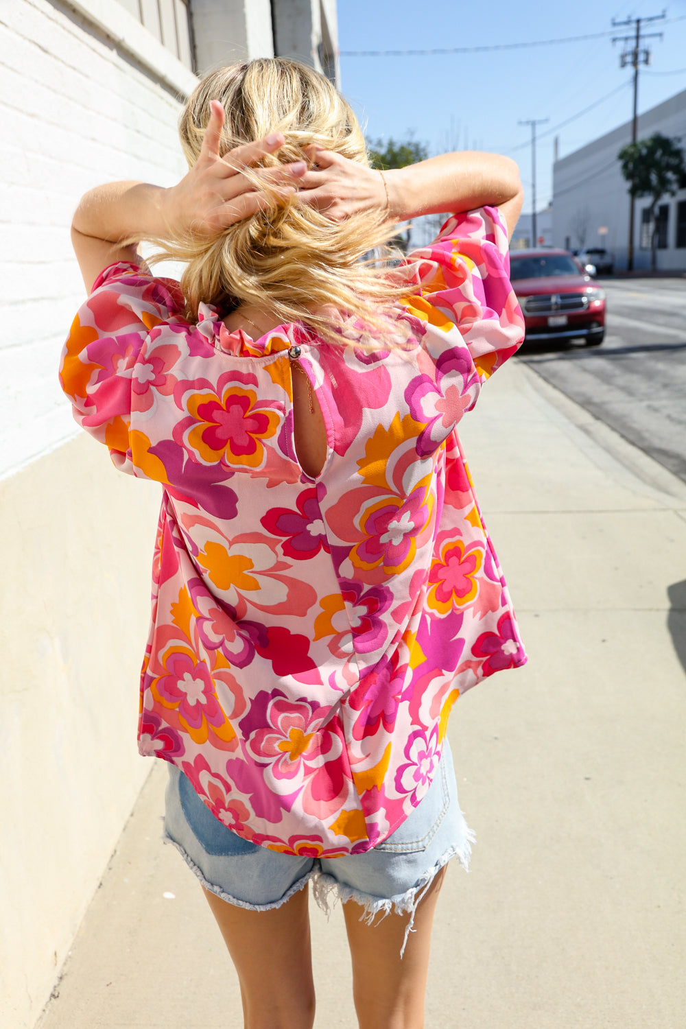 Perfectly You Fuchsia Big Floral Frill Neck Back Button Blouse - Women's Elegant Vintage Style Top for Parties, Dates & Office Wear