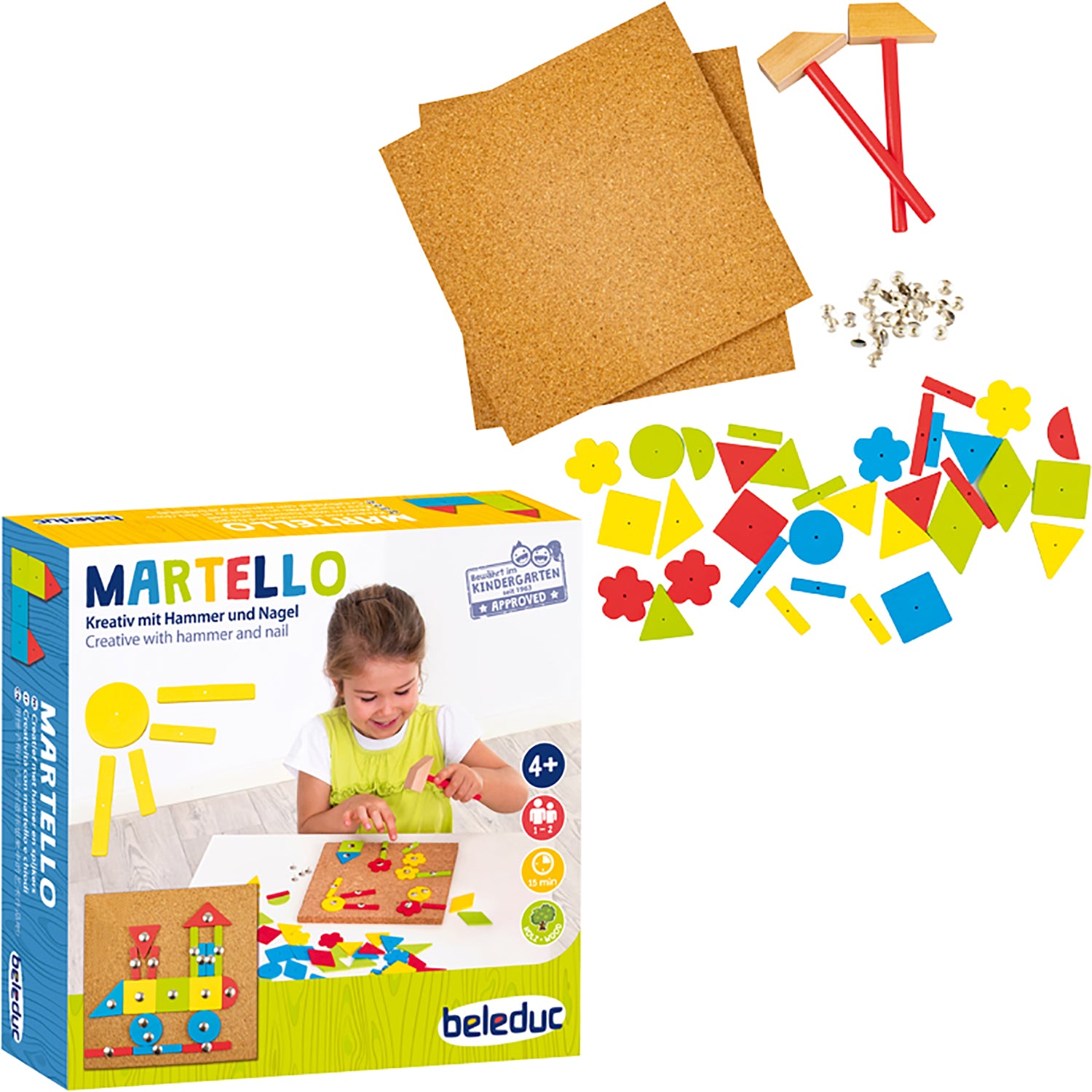 Beleduc Martello Game - Creative Cork Board Hammer & Nails Kit for Kids - Fun Wooden Construction Toy for Early Learning & Fine Motor Skills Development - Perfect for Home, Classroom & Playroom Activities