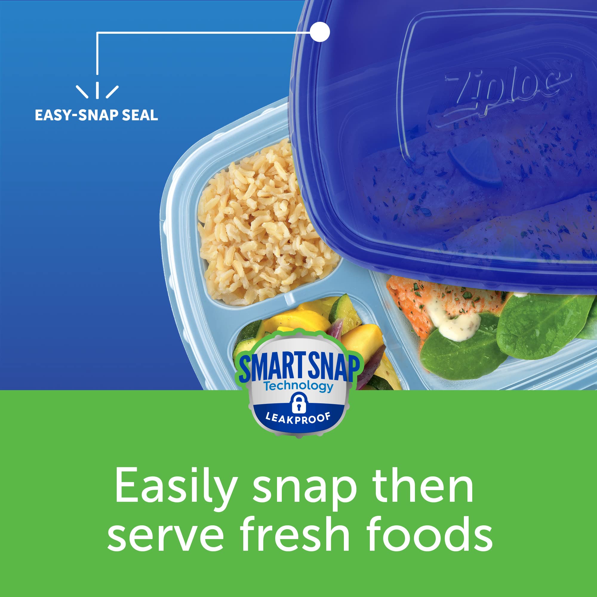 Reusable Ziploc Food Storage Containers with Smart Snap Technology - Dishwasher Safe Meal Prep Containers for Kitchen Organization (2-Pack, Divided Rectangle) - Perfect for Meal Prepping, Leftovers & Lunch Boxes