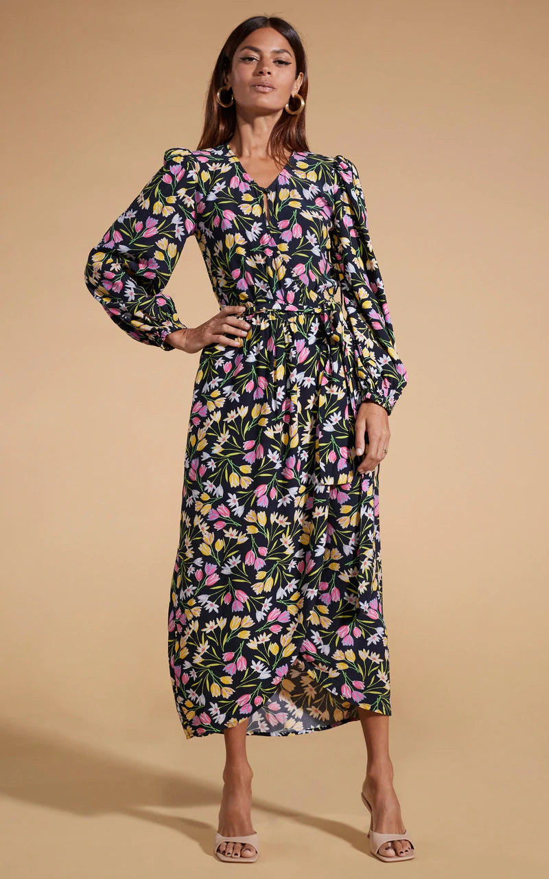 Stylish Mabel Midaxi Mock Wrap Dress in Citrus Tulip Print - Perfect for Summer Parties, Weddings & Casual Outings