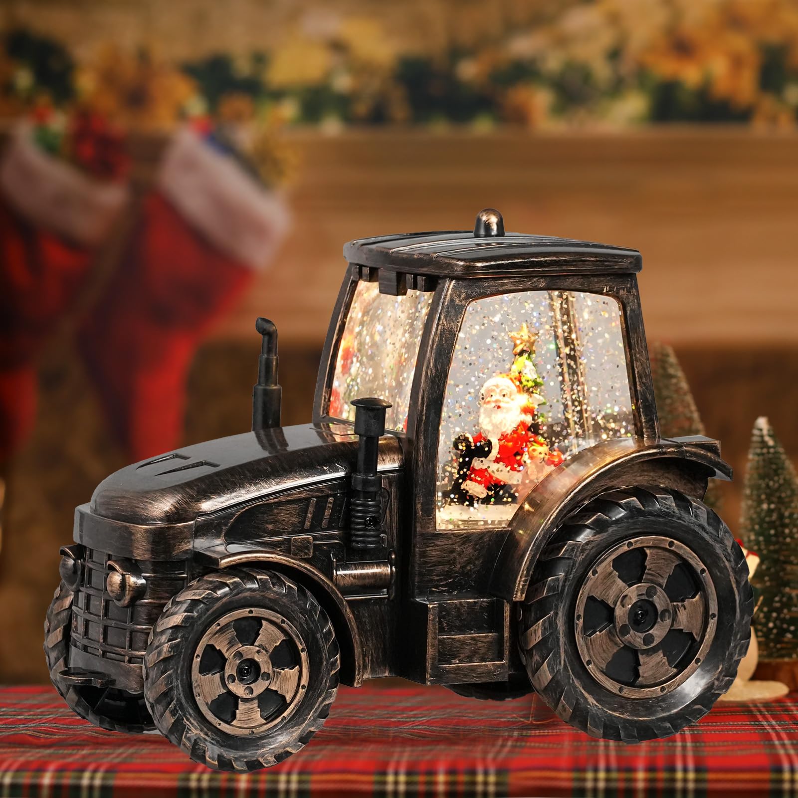 Bronze Tractor Snow Globe with LED Lights - Santa Christmas Snow Globe Lantern with 6-Hour Timer, Battery & USB Powered - Perfect Indoor Christmas Decor & Gift for Dad, Grandfather | Holiday Home Decor, Mantelpiece Display, Cozy Winter Nightlight