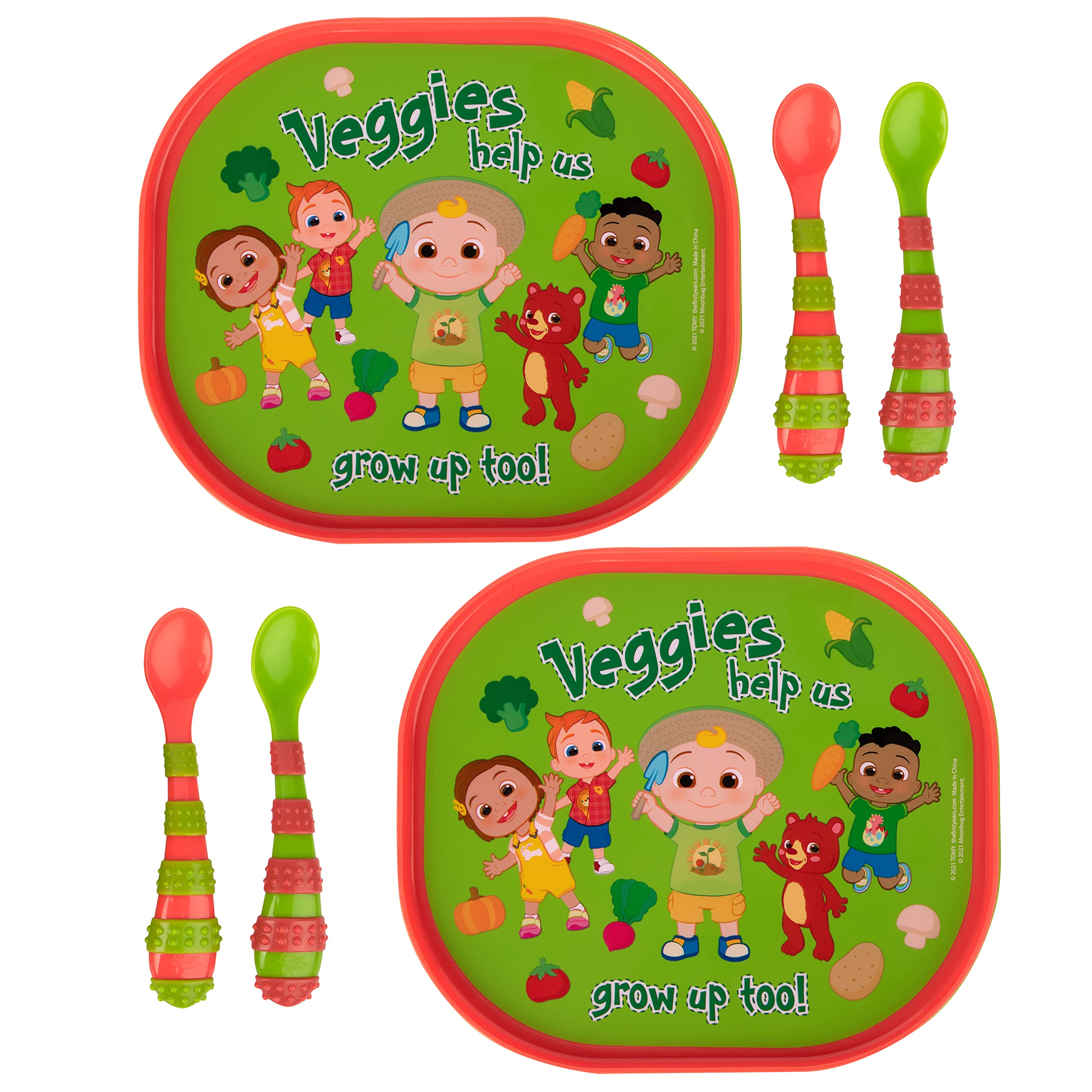 The First Years CoComelon Toddler Dinnerware Set - 2 Reversible Plastic Plates & 4 Textured Spoons for Babies - BPA-Free Kids Mealtime Essentials for Home, Daycare & Travel
