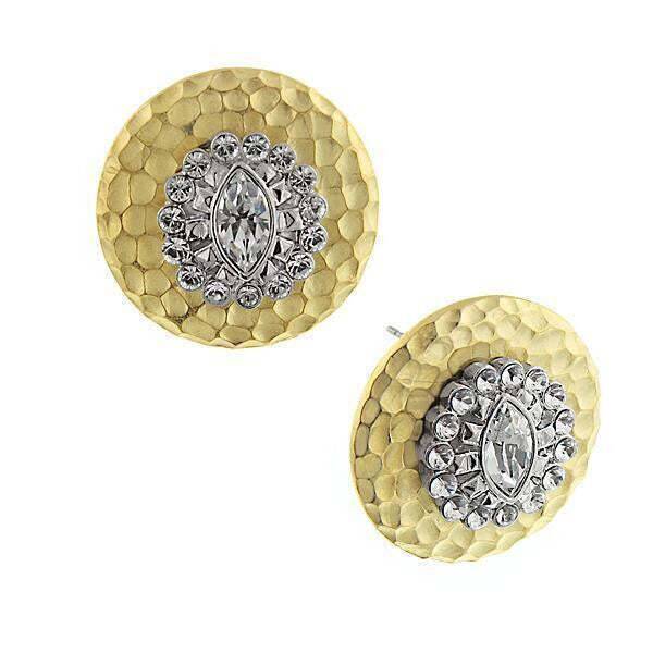 1928 Jewelry Crystal Burst Two Tone Hammered Button Earrings - Vintage Style Dangle Earrings for Women, Perfect for Parties, Weddings & Special Occasions
