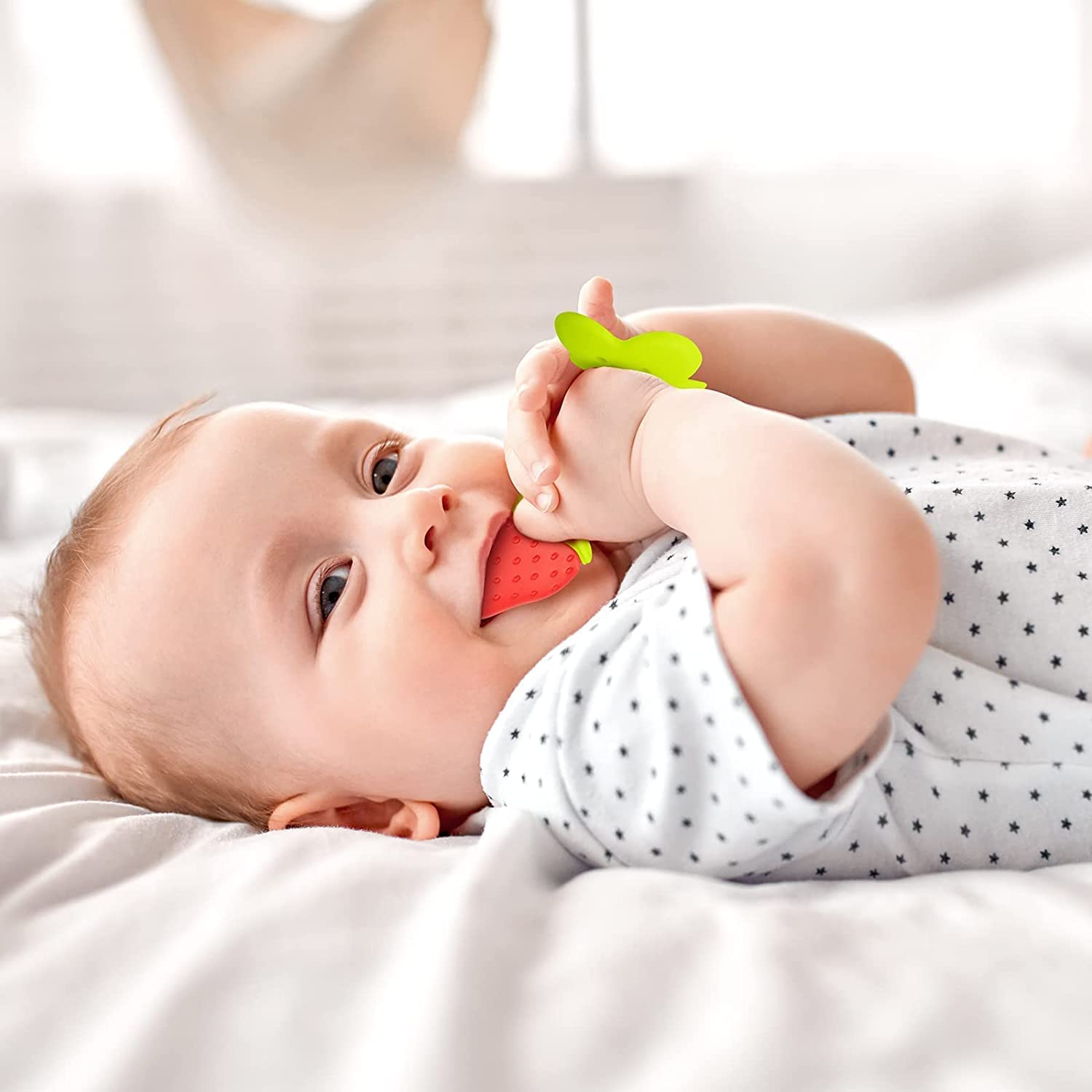 Kritiu BPA-Free Silicone Teether & Baby Spoon Set - Safe Infant Teething Toys & Feeding Utensils for Babies 6+ Months (Red & Pink) - Perfect for Soothing Sore Gums & Introducing Solid Foods