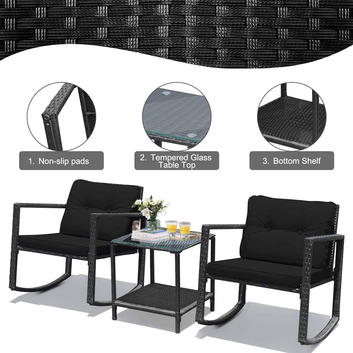 HAPPYGRILL 3-Piece Rocking Bistro Set - Outdoor Patio Conversation Furniture with Rattan Wicker Rocking Chairs & Coffee Table - Garden, Lawn, Backyard, Balcony Decor for Relaxing & Entertaining Guests