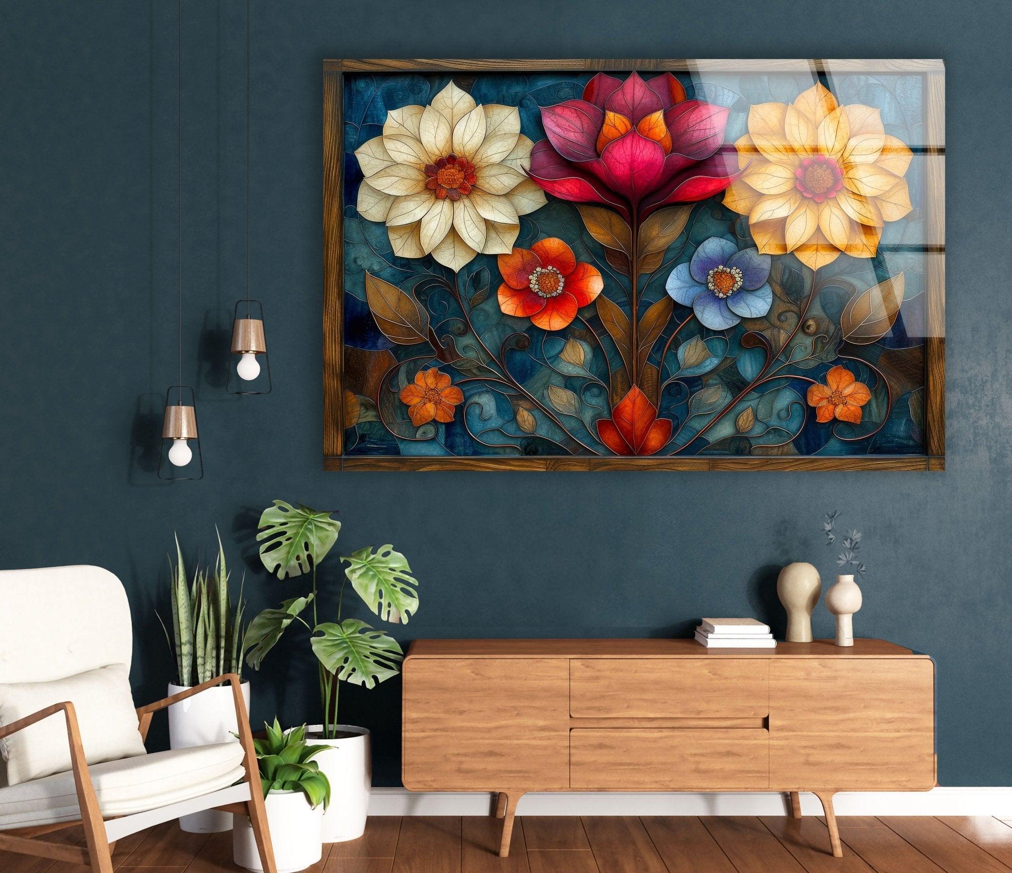Art Nouveau Flowers Glass Wall Art - Handmade Stained Glass Decor for Home & Office - Perfect for Living Room, Bedroom, or Gift