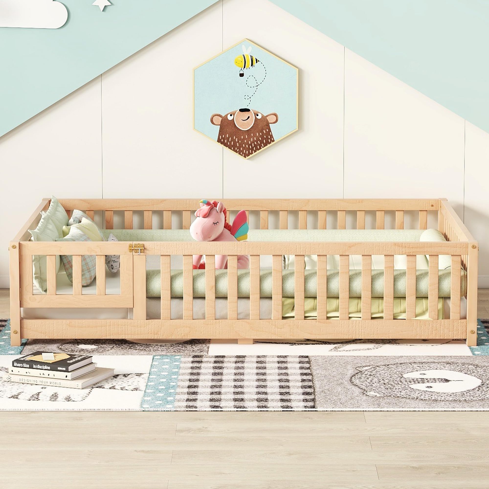 Montessori Full Size Floor Bed with Slats & Center Support Bar - Natural Wood Toddler Bed with Safety Fence & Door for Kids Room, Playroom or Nursery