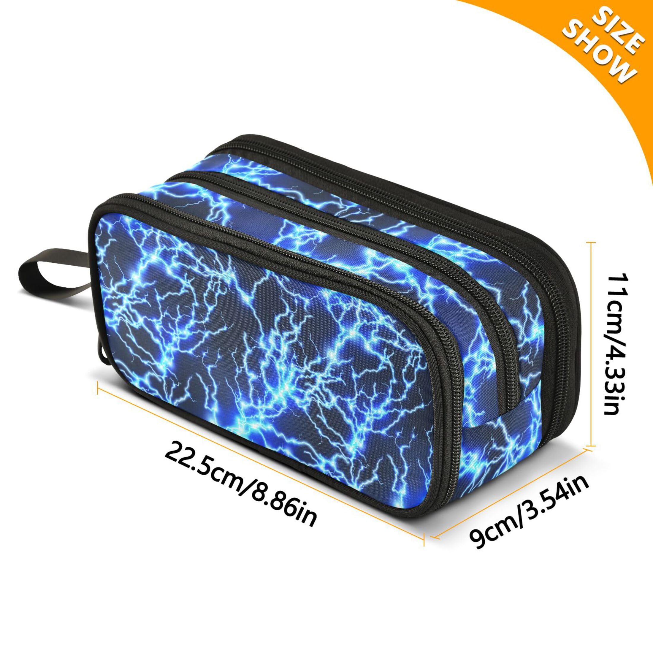 Lightning Bolt Printed Cool Blue Zipper Pencil Case - 3 Compartment Pen Organizer for School, Office & Travel - Durable Pouch for Pens, Markers & Art Supplies