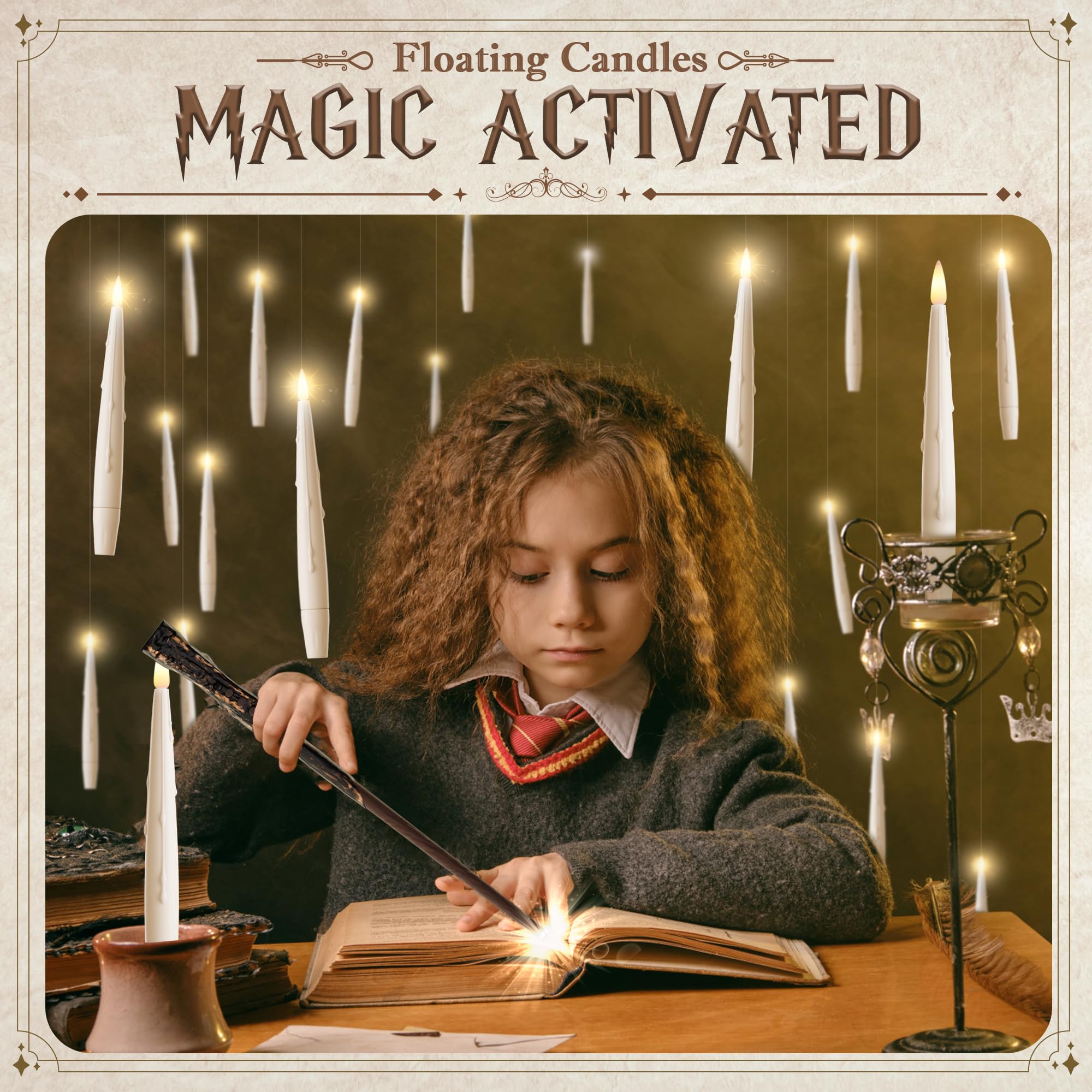 20 Pack Battery Operated Floating Candles with Wand Remote - Flameless Magic Hanging Taper Candles for Christmas, Halloween, Weddings & Home Decor (Ivory) - Perfect for Centerpieces, Fireplace Displays & Party Lighting
