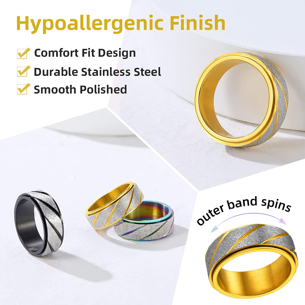 GOLDCHIC Spinner Ring for Men & Women - Sand Blast Finish Celtic Fidget Band Ring for Anxiety Relief - Titanium Steel Worry Ring in Black & 18k Gold Plated (8mm, Size 7-12) with Gift Box - Perfect for Stress Relief, Meditation & Focus Enhancement