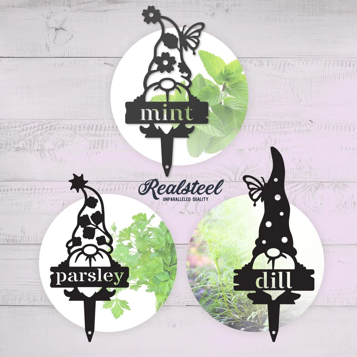 RealSteel Metal Garden Gnome Plant Markers - Durable Outdoor Plant Labels & Vegetable Garden Stakes for Gardening, Yard Decor & Gifts - Perfect for Organizing Herb Gardens, Vegetable Patches & Flower Beds