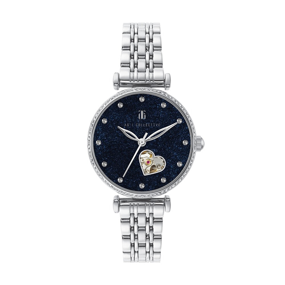 AG Collective L 5043 Series Women's Open Heart Watch with 12 Stones - Stainless Steel Strap for Casual, Office & Special Occasions