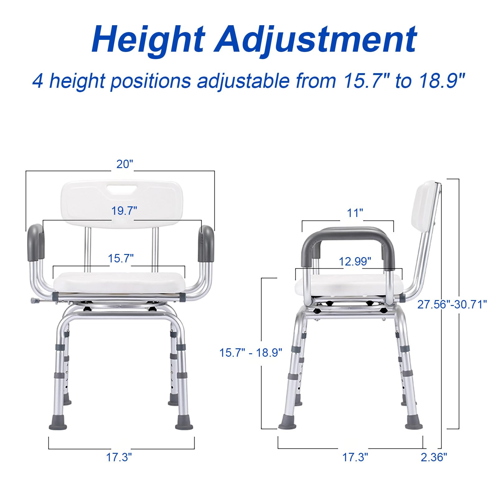 360° Swivel Shower Chair with Arms & Back - Heavy Duty Adjustable Height Bath Seat for Elderly & Disabled - Ideal for Safe Bathing & Mobility Assistance in Home & Hospital Settings