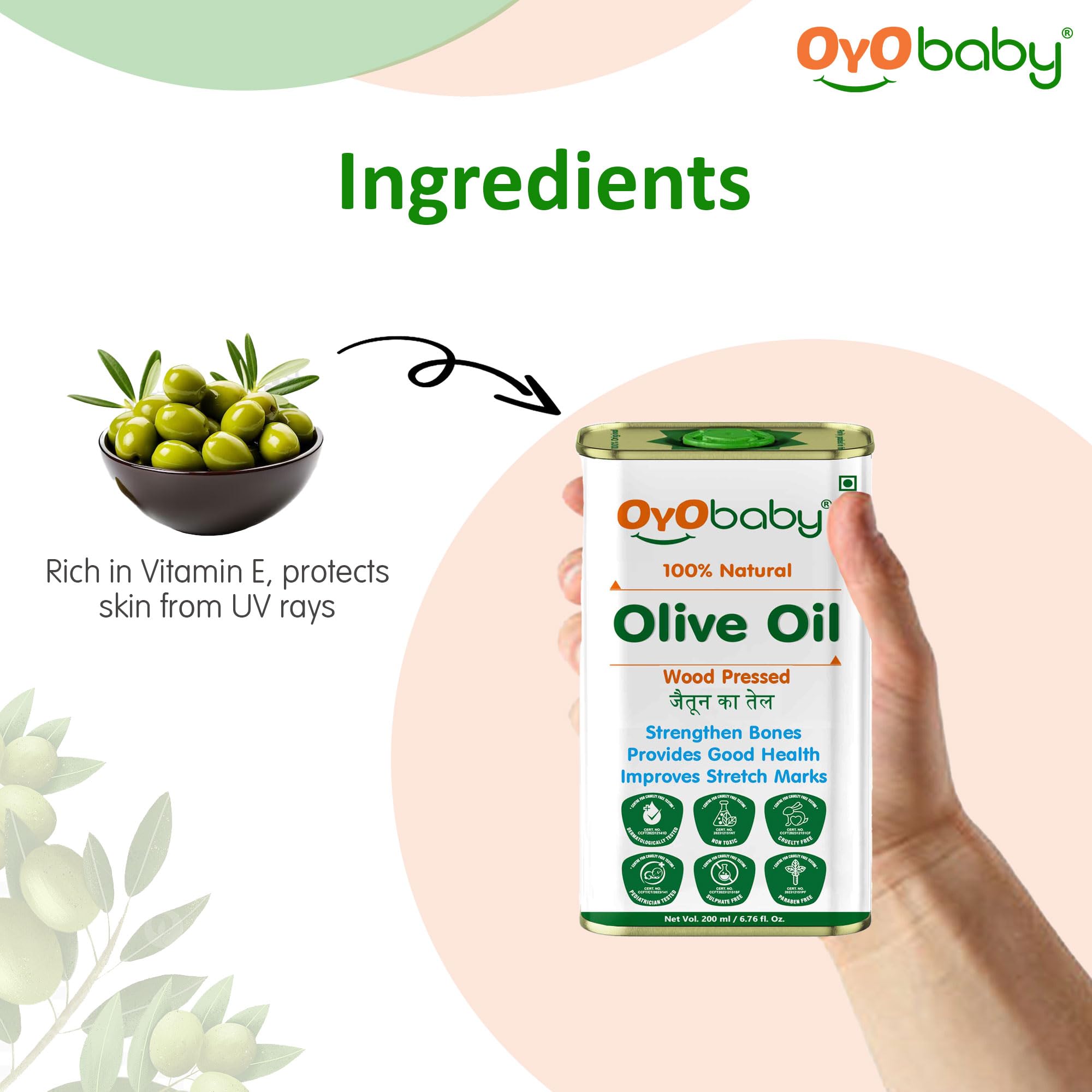 OYO BABY 100% Pure Natural Olive Massage Oil for Babies - 200ml | Wood Pressed Baby Hair Oil | Promotes Stronger Bones & Muscle Growth | Ideal for Infant Massage, Skin Hydration & Hair Care
