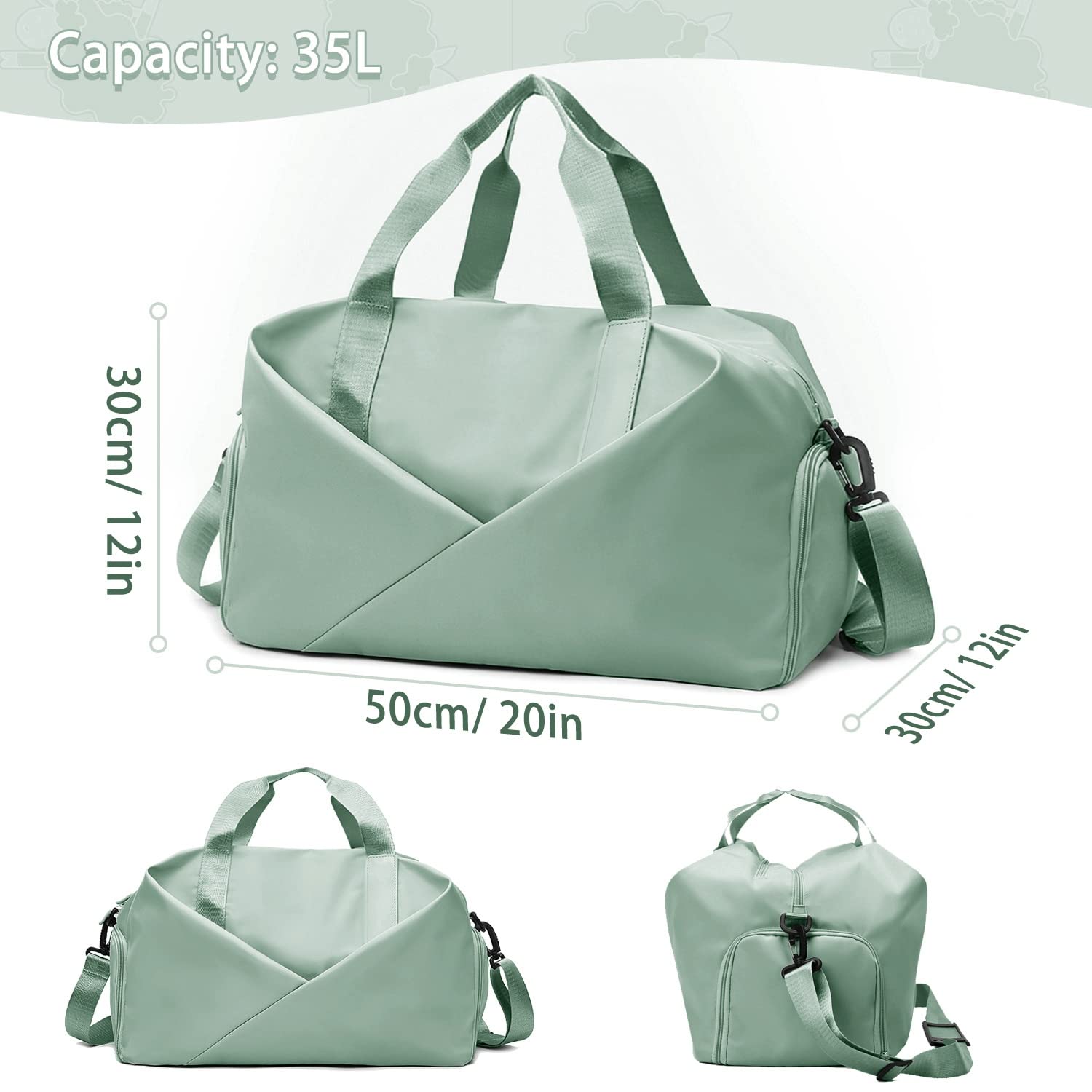 KKUYT 35L Waterproof Gym & Travel Duffel Bag for Women & Men - Dry/Wet Separated Compartments, Shoe Pocket - Perfect for Sports, Airplane Carry-On & Weekend Trips (Green)