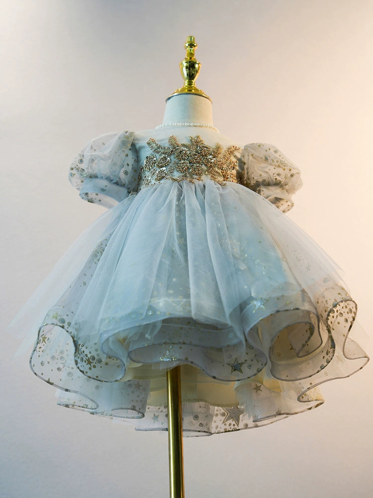 Dusty Blue Princess Round Tea Length Tulle Flower Girl Dress for Weddings & Special Occasions