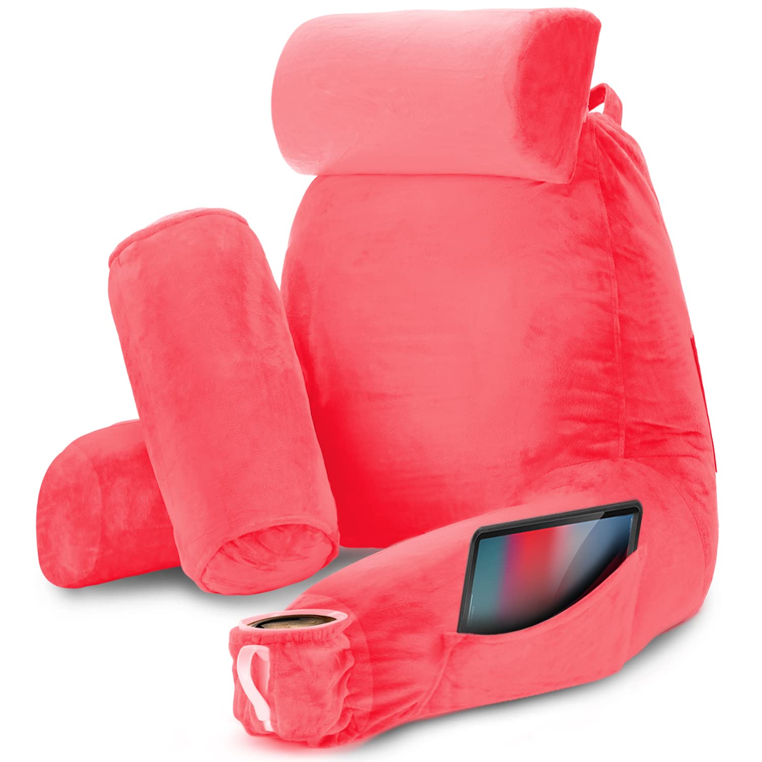 Nestl Reading Pillow with Shredded Memory Foam - Large Back Support Pillow for Sitting in Bed, Reading, Watching TV & Relaxing - Coral Pink Bed Rest Pillow with Pockets - Perfect for Cozy Nights, Book Lovers & Armchair Comfort
