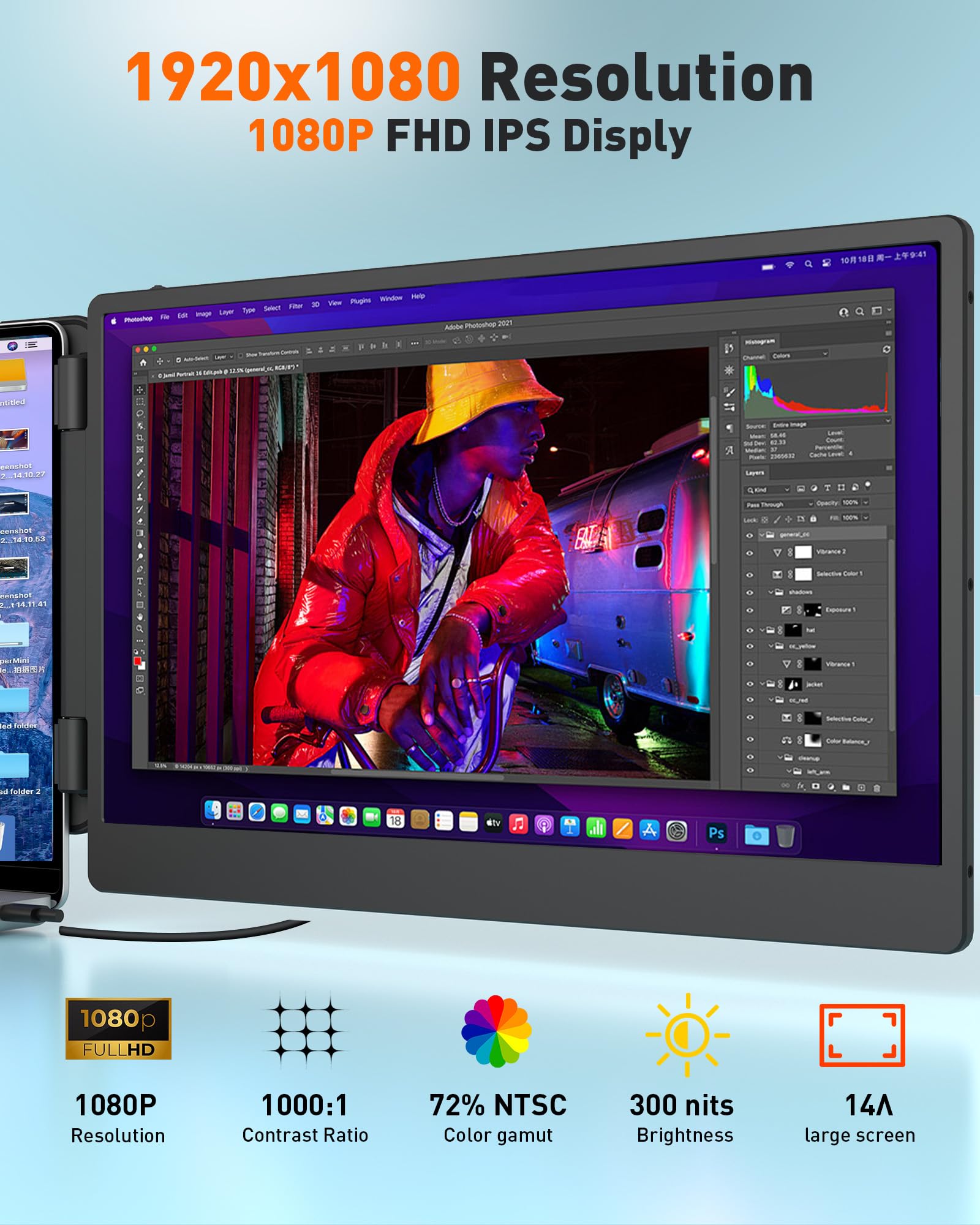 14-inch Portable Laptop Monitor - 1920x1080 FHD IPS Display, 60Hz Refresh Rate, USB-C & HDMI Input - Lightweight Second Screen for Travel, Home Office, Gaming & Productivity (Dual Monitor Setup)