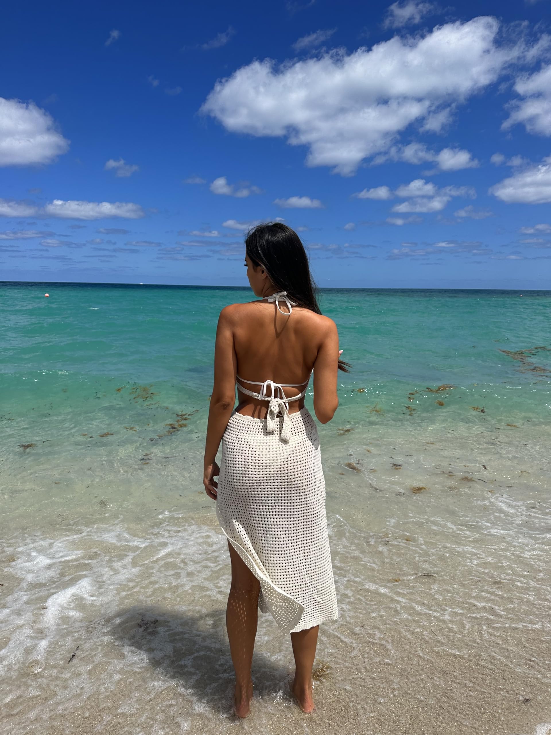 AI'MAGE Women's Crochet Beach Cover Up Dress - Sexy Halter Swimsuit Cover with Backless Cut Out Design | Perfect for Pool Parties, Vacations & Summer Outfits