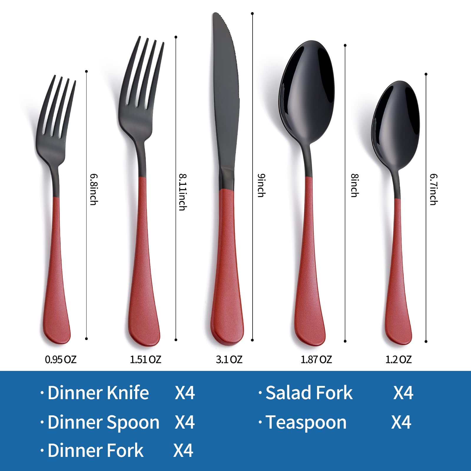 20-Piece Stainless Steel Flatware Set - 18/0 Grade, Red Handle Cutlery with Black Finish, Service for 4 (Knives, Forks, Spoons) - Dishwasher Safe - Perfect for Dinner Parties, Weddings, and Everyday Dining