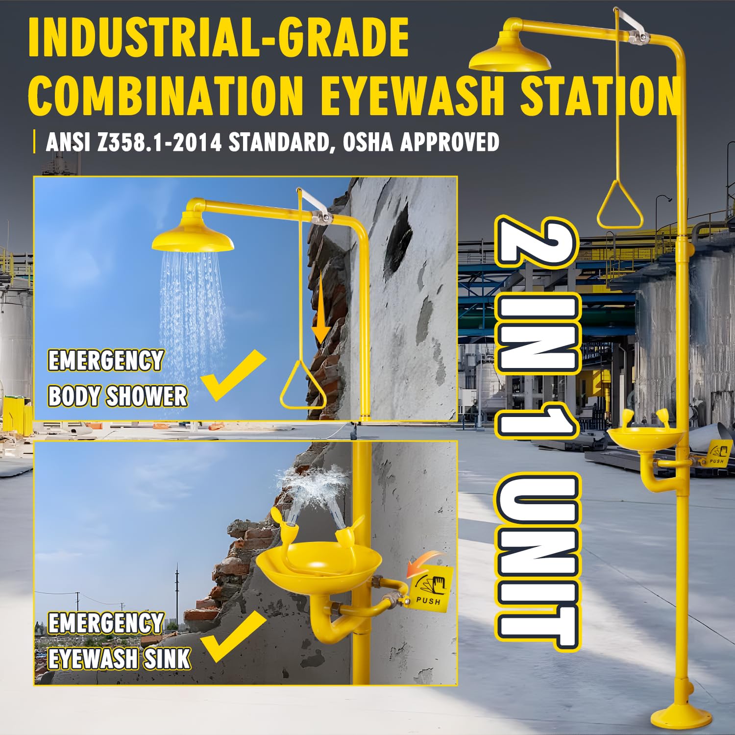 CGOLDENWALL Emergency Shower and Eye Wash Station - 304 Stainless Steel with Yellow Coating, NPT Thread, Includes Safety Sign - Ideal for Laboratories, Factories, and Chemical Workplaces