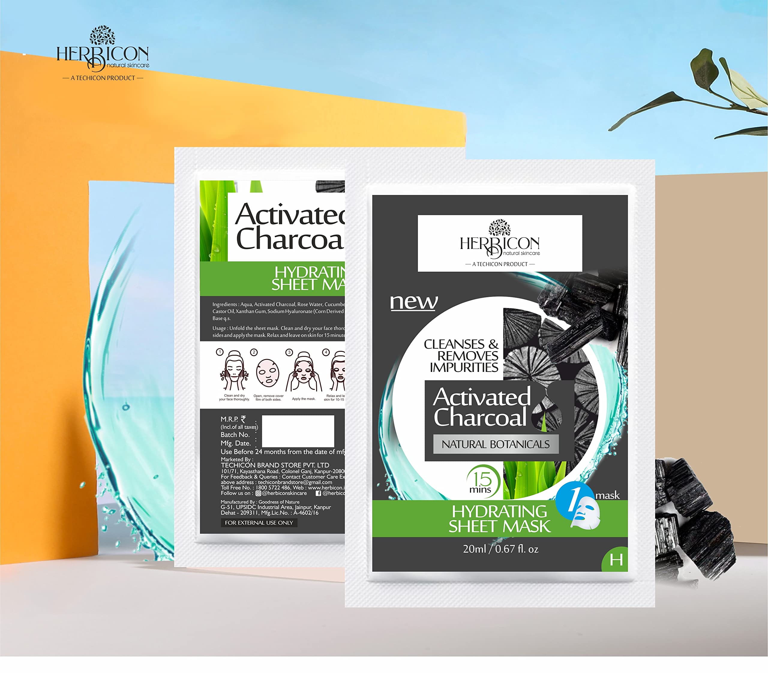 Herbicon Activated Charcoal Face Sheet Mask - Detoxifying & Hydrating Skincare Treatment (20g x 3 Pack) | Deep Cleansing for Acne, Blackheads & Oily Skin | Perfect for Spa Night & Self-Care Routine