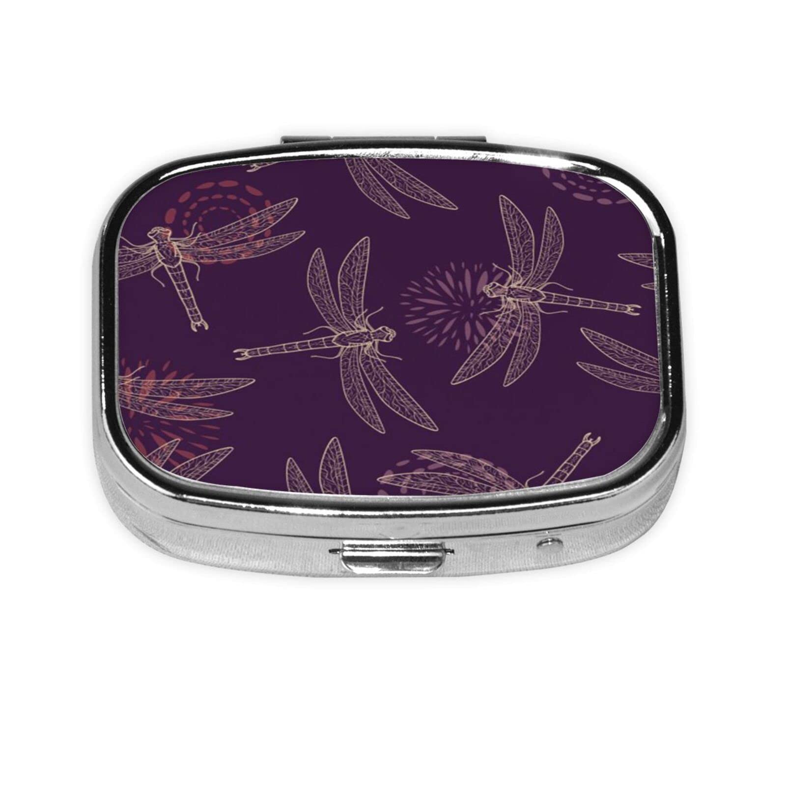 Purple Dragonfly Square Pill Organizer Box - 2 Compartment Decorative Medicine Case for Pills & Tablets | Perfect for Travel, Home, and Daily Medication Storage