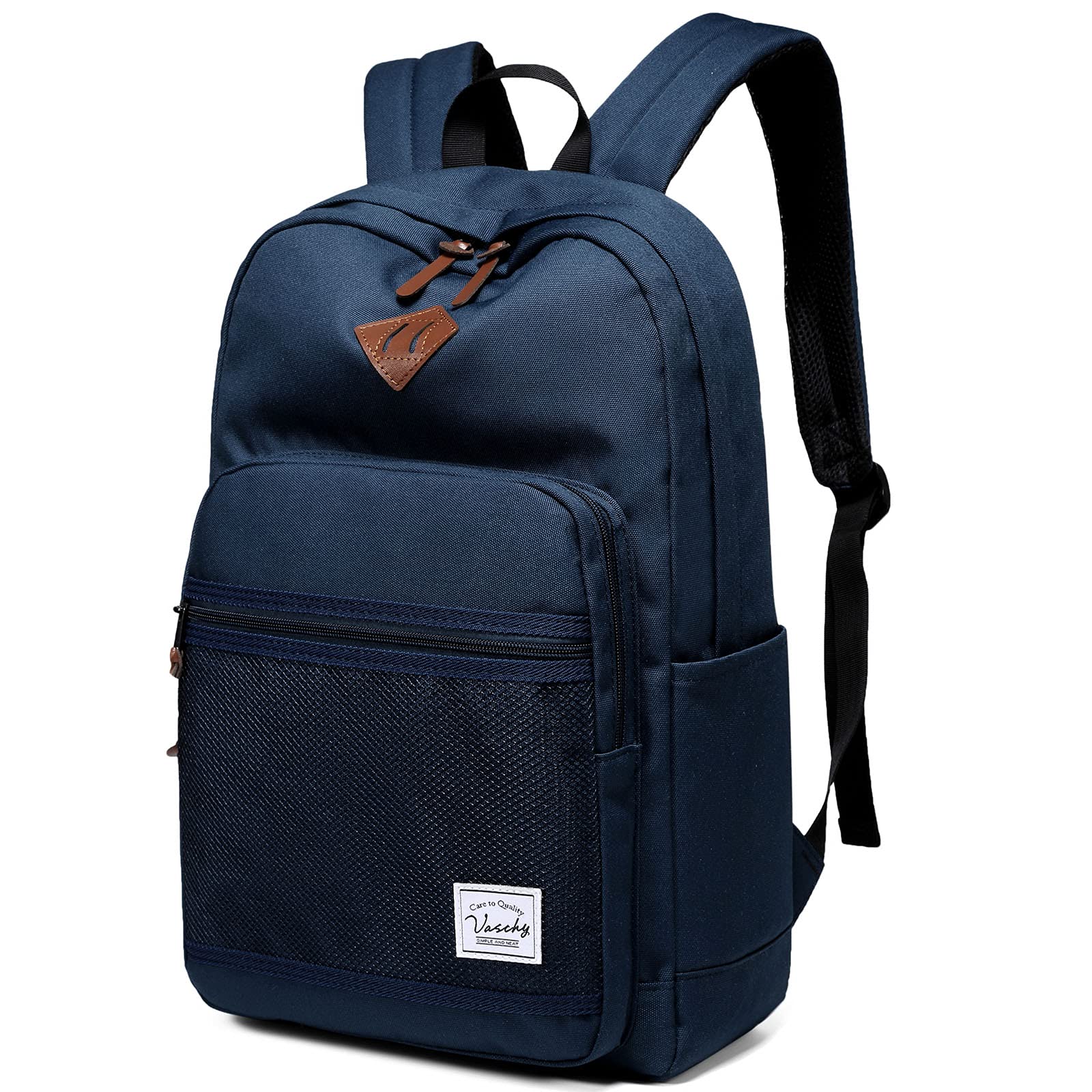 VASCHY Waterproof Lightweight School Backpack for Men & Women - 15.6 Inch Laptop Backpack with Padded Sleeve - Navy Blue College Backpack for Travel, Work & Daily Commute
