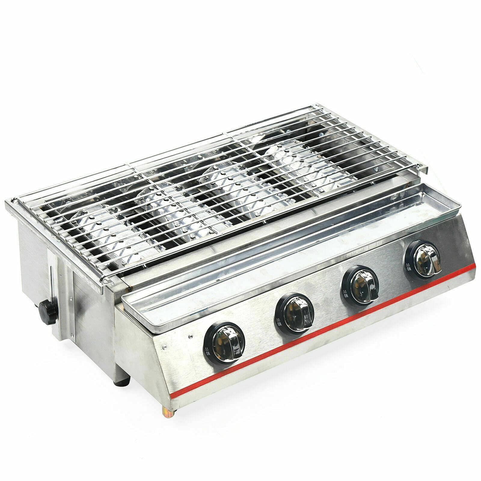 **Stainless Steel Tabletop Gas Grill - 4 Burner Portable LPG BBQ Stove with Adjustable Height & Smokeless Design for Outdoor Camping, Boating, Picnics & Backyard Cooking (Silver)**