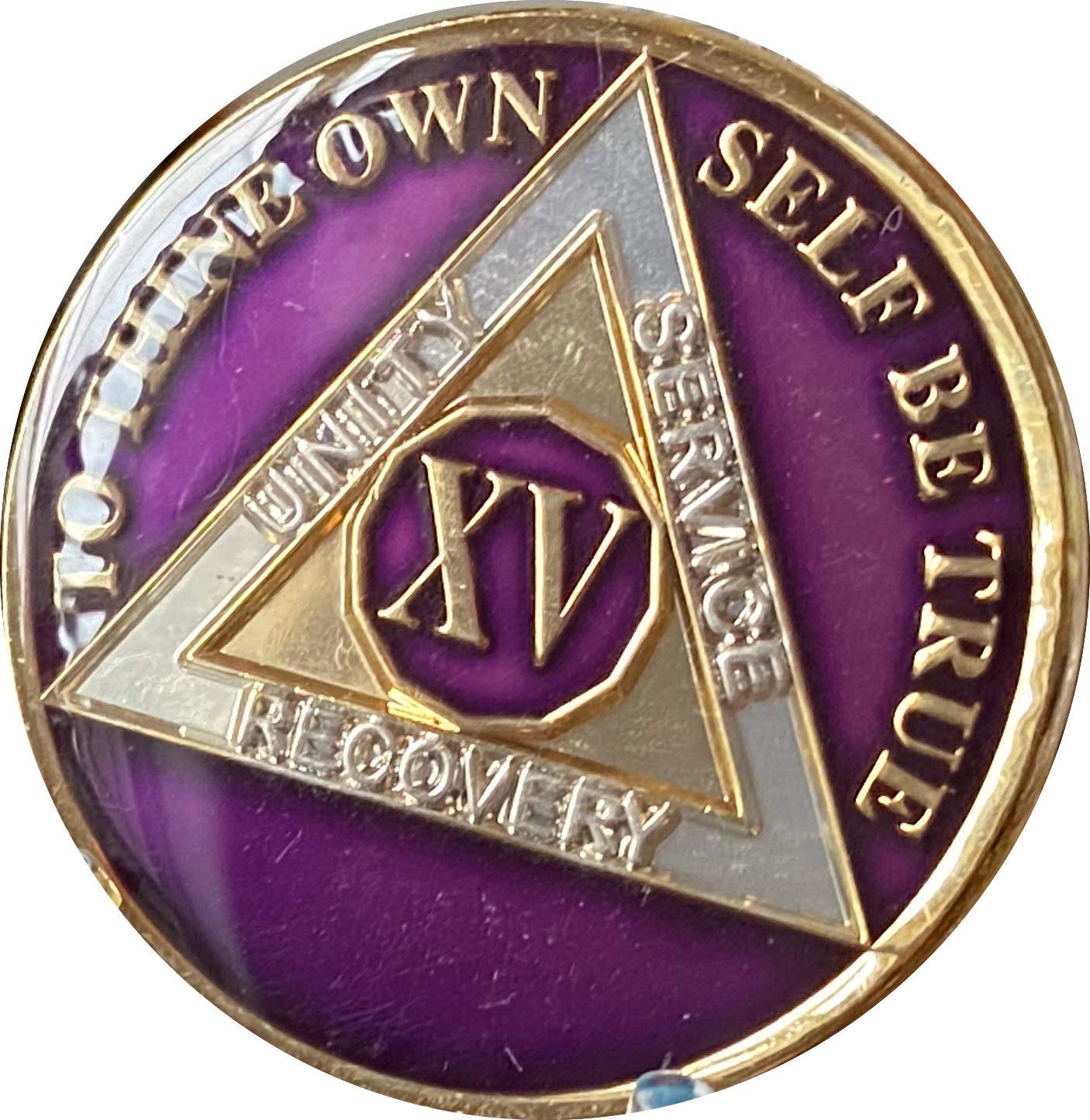 15 Year AA Medallion - Metallic Purple Tri-Plate Sobriety Chip XV - Perfect for Recovery Milestones & AA Anniversary Gifts