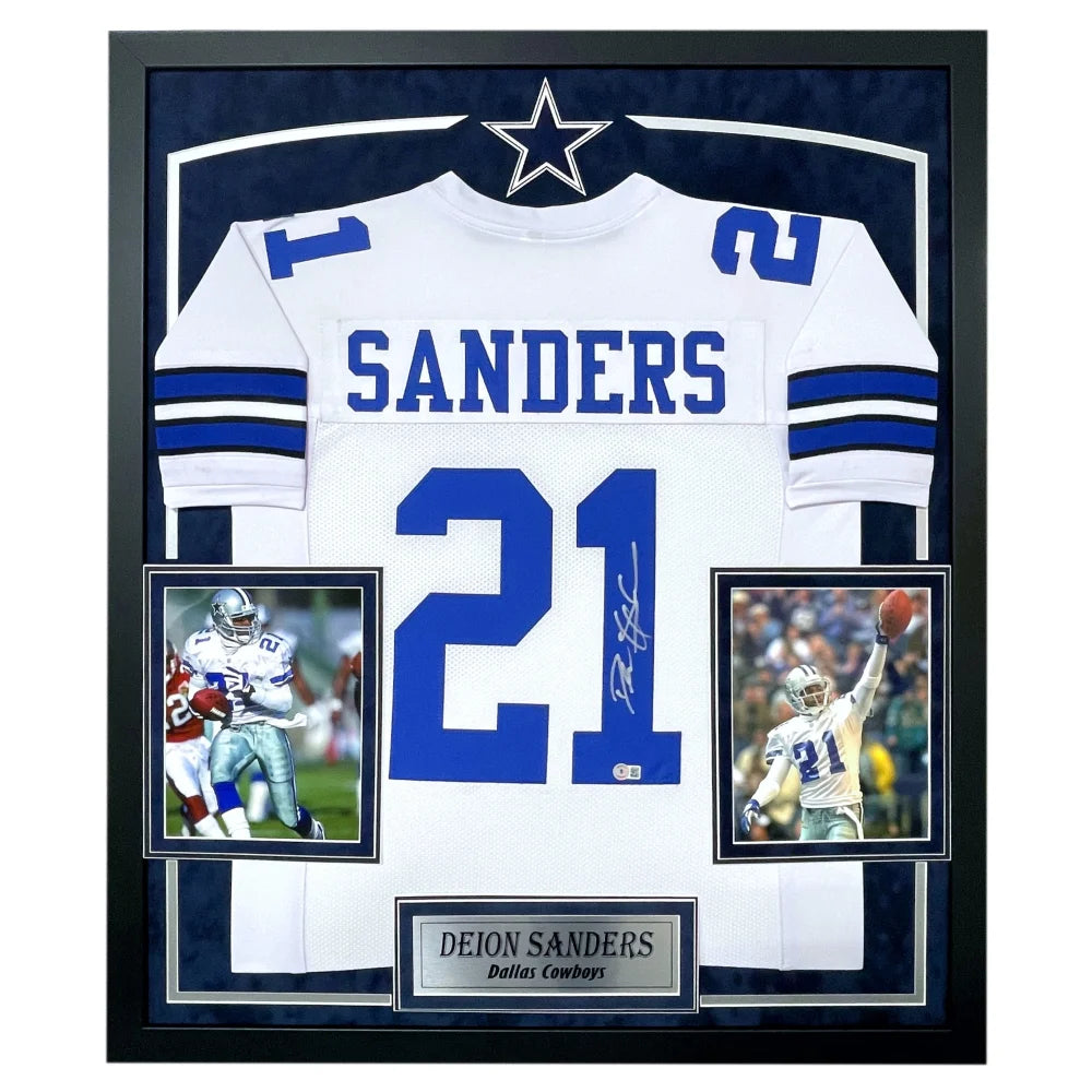 Deion Sanders Autographed Dallas Cowboys Jersey - Framed BAS Signed NFL Memorabilia for Sports Fans & Collectors - Perfect for Man Cave, Game Room Decor & Football Gift