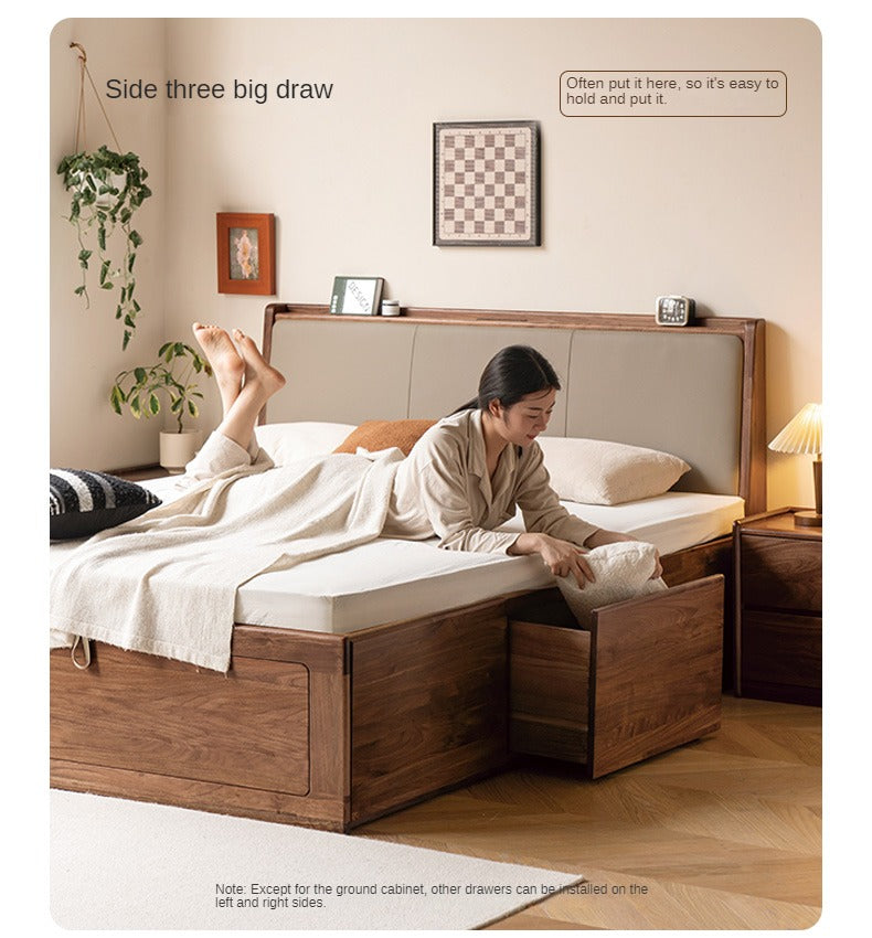 Solid Black Walnut Wood Leather-Upholstered Drawer Box Bed - Nordic Style Platform Bed with Storage for Modern Bedroom