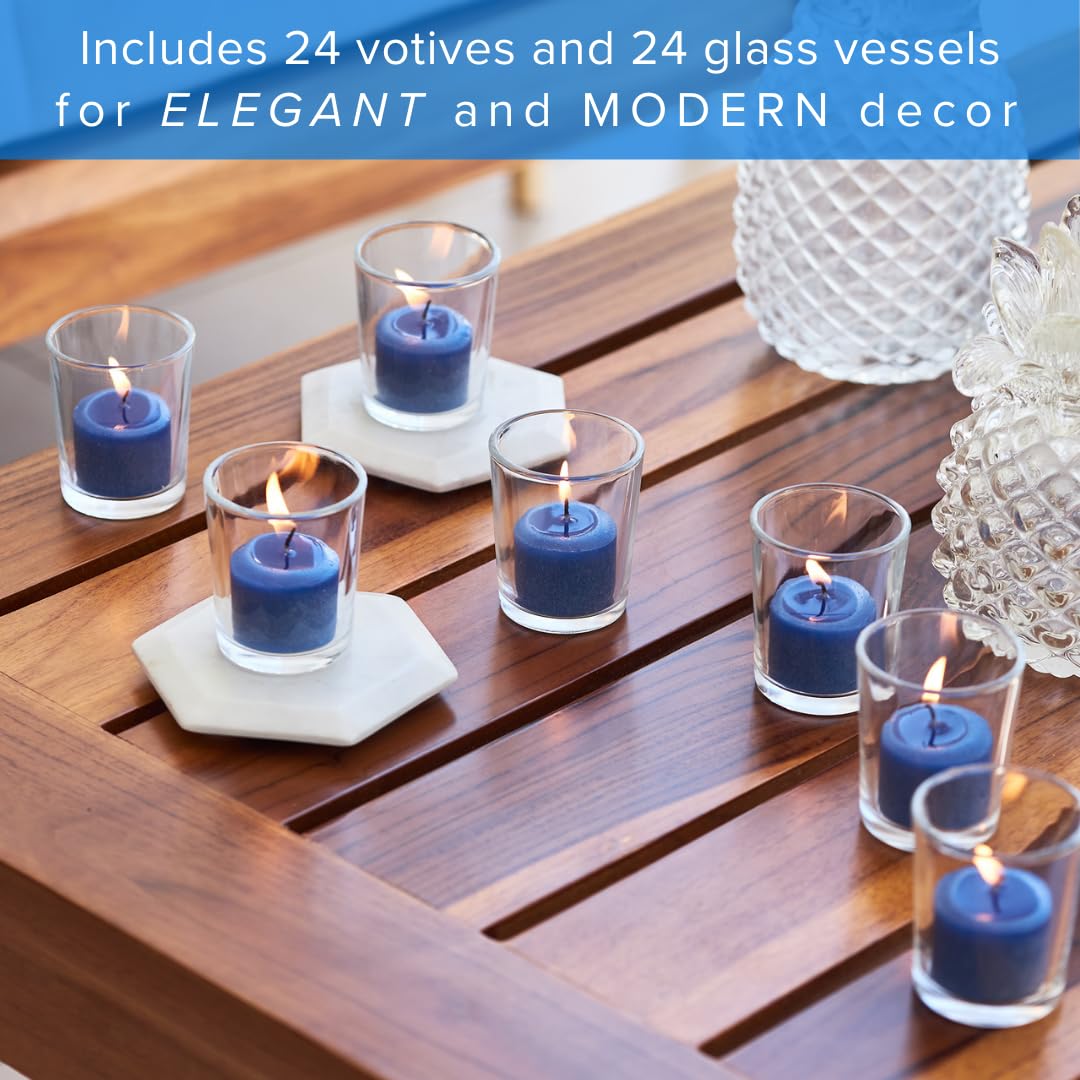 Simply Soson Bulk Votive Candles - 24 Pack Blue Unscented Candles with Glass Holders, 10 Hour Burn Time - Perfect for Weddings, Birthdays, Holidays & Home Decor - Ideal for Romantic Dinners, Spa Nights & Relaxation