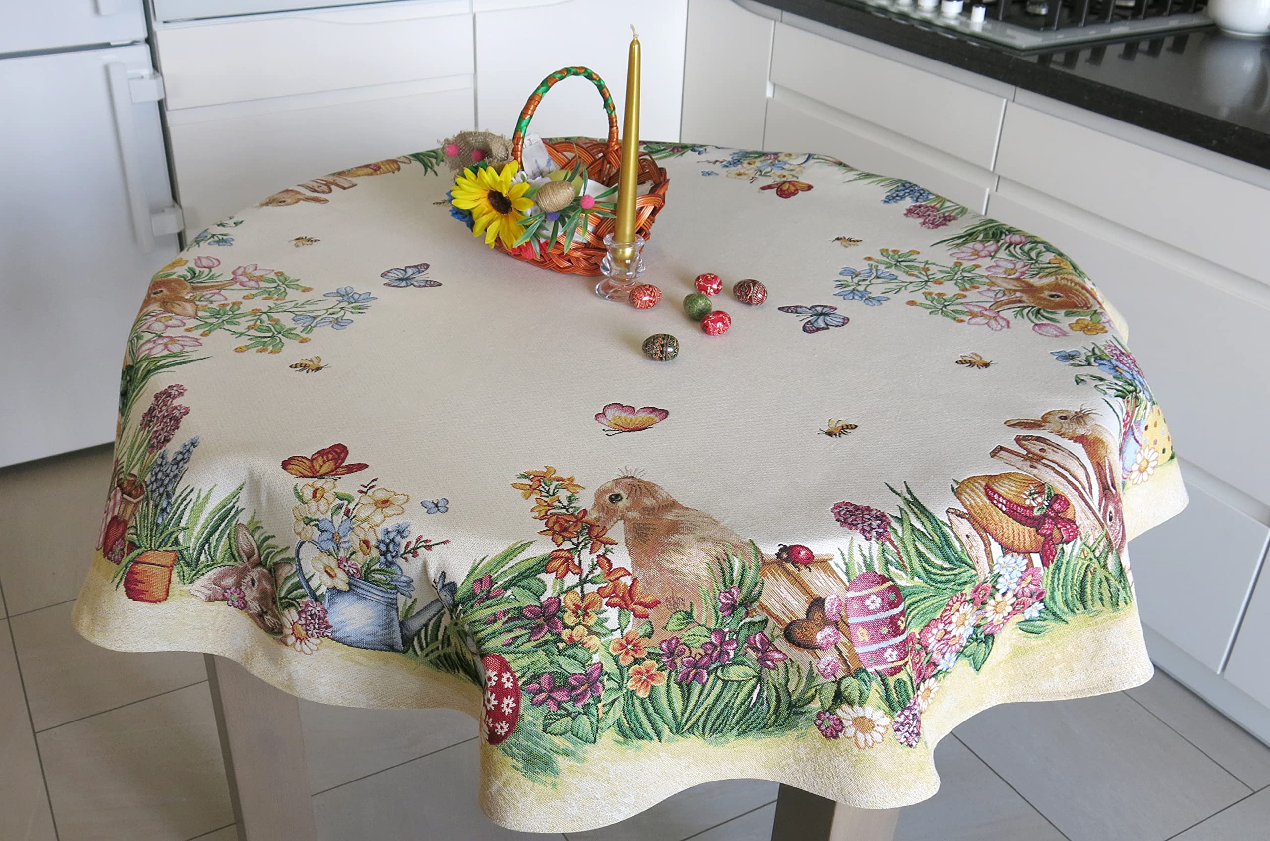 Easter Round Tablecloth 54 Inch - Floral Bunny Egg Design Fabric Table Cover for Holiday Dining, Party Decor, Spring Celebration
