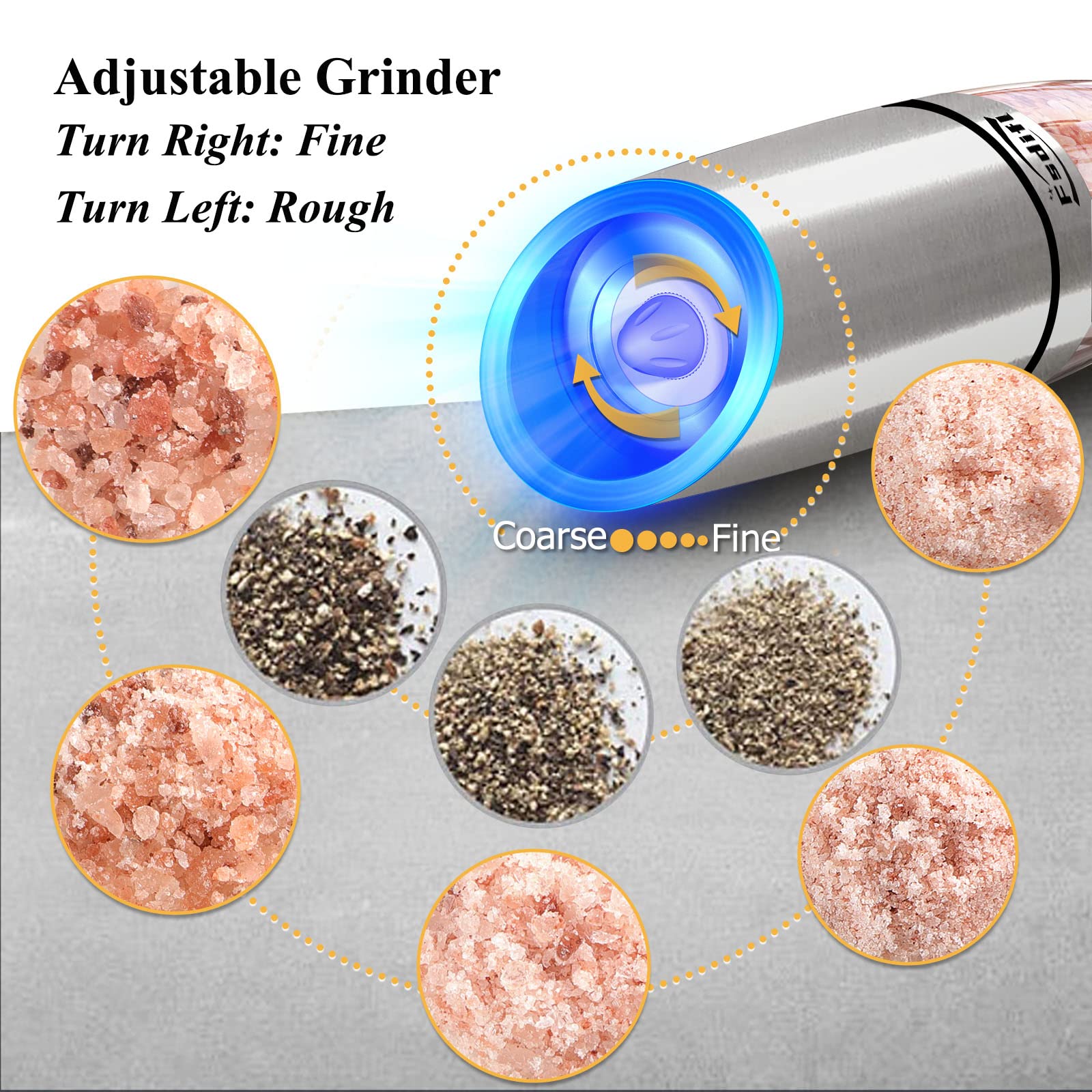 Premium Gravity Electric Salt and Pepper Grinder Set - Adjustable Coarseness, Battery Operated Automatic Spice Mills with LED Light for Easy One-Handed Operation (2-Piece Set) - Perfect for Kitchen, Dining Table, Camping & Gifting