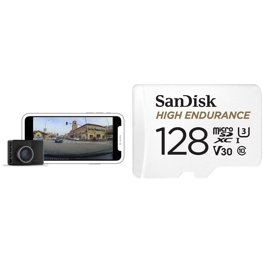 Garmin Dash Cam 57 - 1440p HD Recording, 140° Wide Angle Lens, Voice Control | Includes 128GB SanDisk High Endurance MicroSDXC Card with Adapter | Perfect for Road Trips, Commuting & Vehicle Security Monitoring