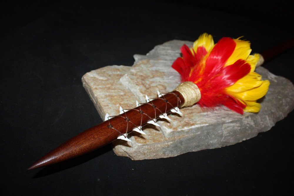 Tikimaster 32-Inch Koa Wood Spear with 10 Shark Teeth & Red/Yellow Feathers - Hawaiian Tribal Weapon for Cosplay, Home Decor, and Cultural Displays