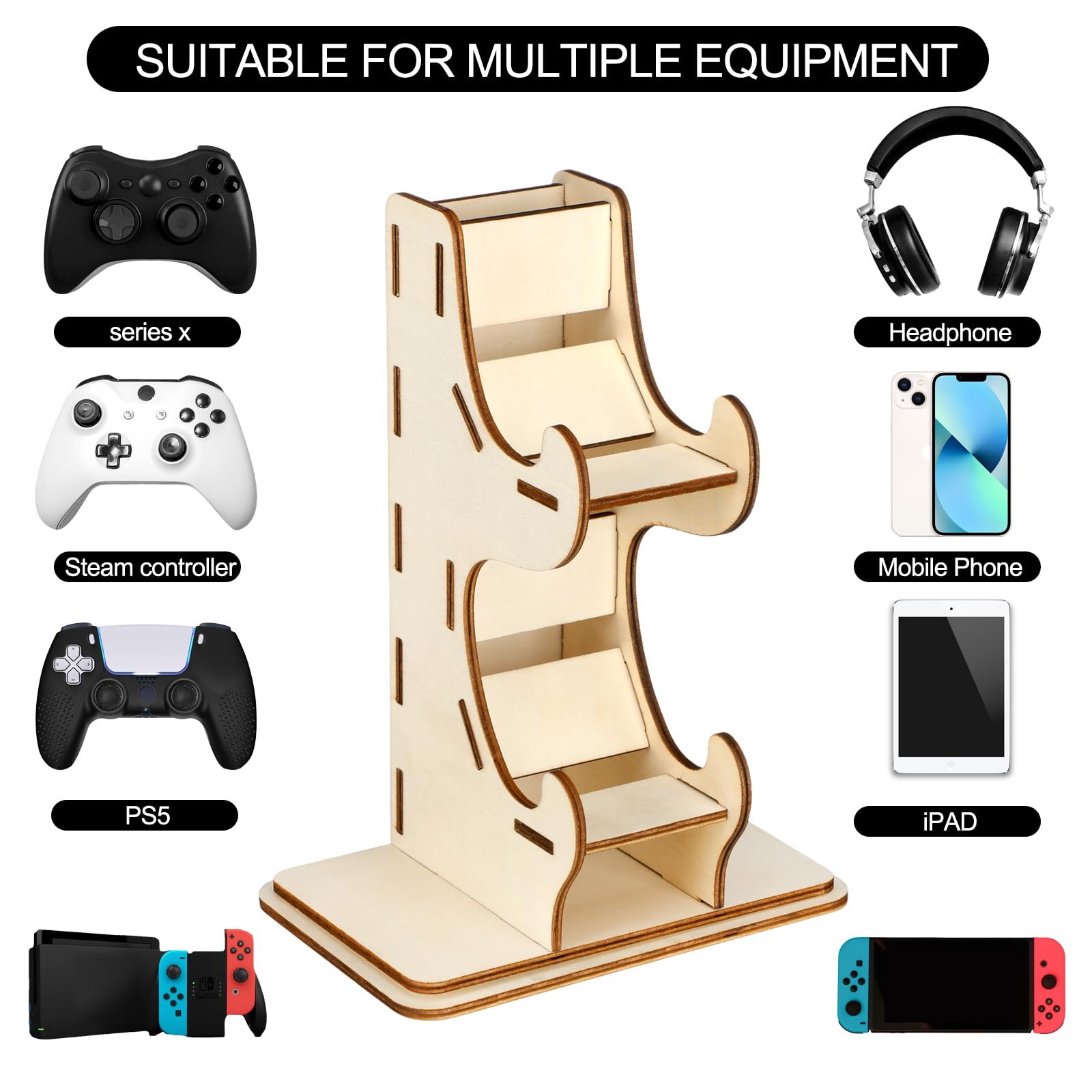2-Tier Wooden Christmas Game Controller Stand with Custom Stickers - Universal Gaming Headset Holder & Headphone Hanger - Perfect PC Accessories Organizer for Gamer Desk Setup (Ideal for PS5, Xbox, Nintendo Switch)
