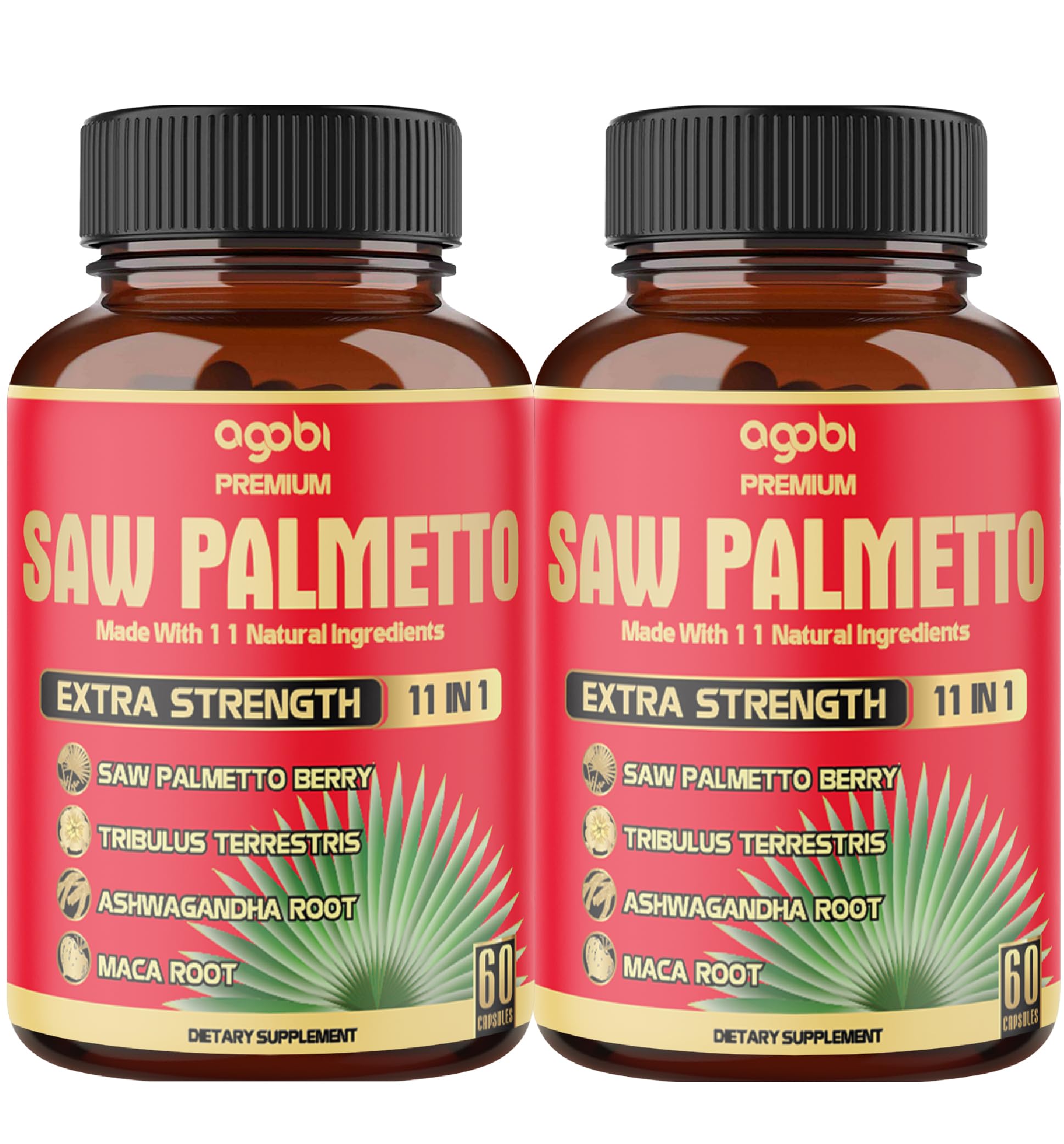 2 Packs (60 Counts, 4 Months Supply) 5300mg Saw Palmetto Capsules with Ashwagandha, Turmeric, Tribulus & Maca - 11-in-1 Prostate Support Supplement for Men - Promotes Skin Health & Immune System - Perfect for Daily Wellness Routine & Active Lifestyle