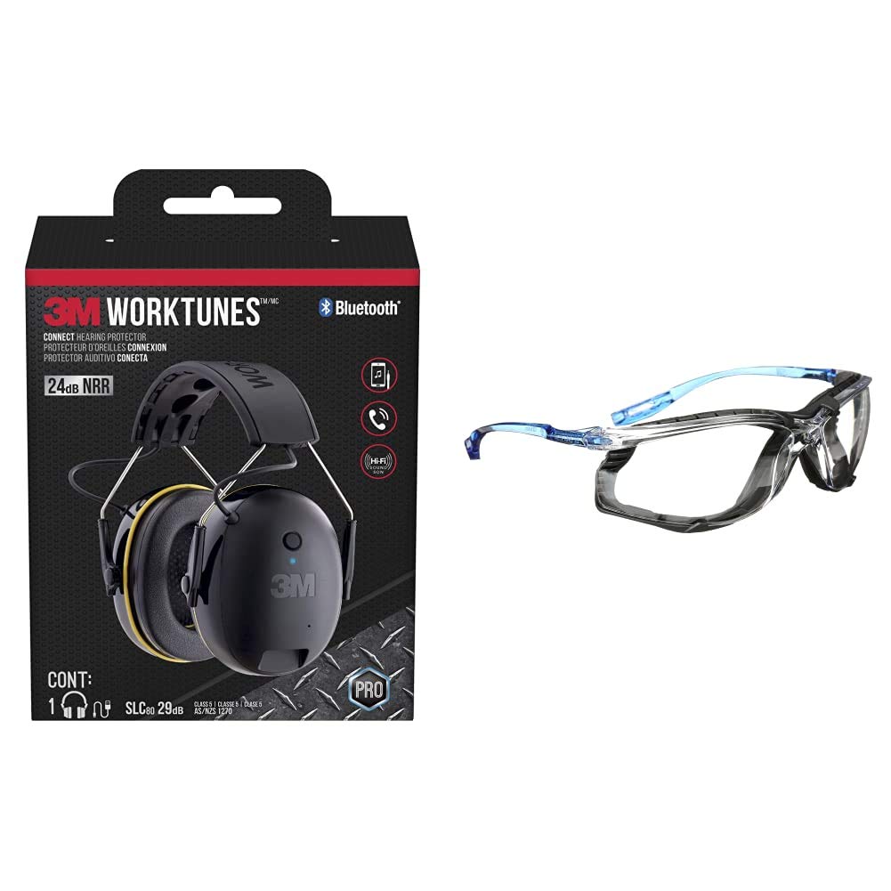 3M WorkTunes Connect Hearing Protector & Safety Glasses - ANSI Z87 Certified, Anti-Fog Clear Lens, Blue Frame with Corded Ear Plug Control System | Noise Reduction for Construction, Woodworking & Industrial Work Safety