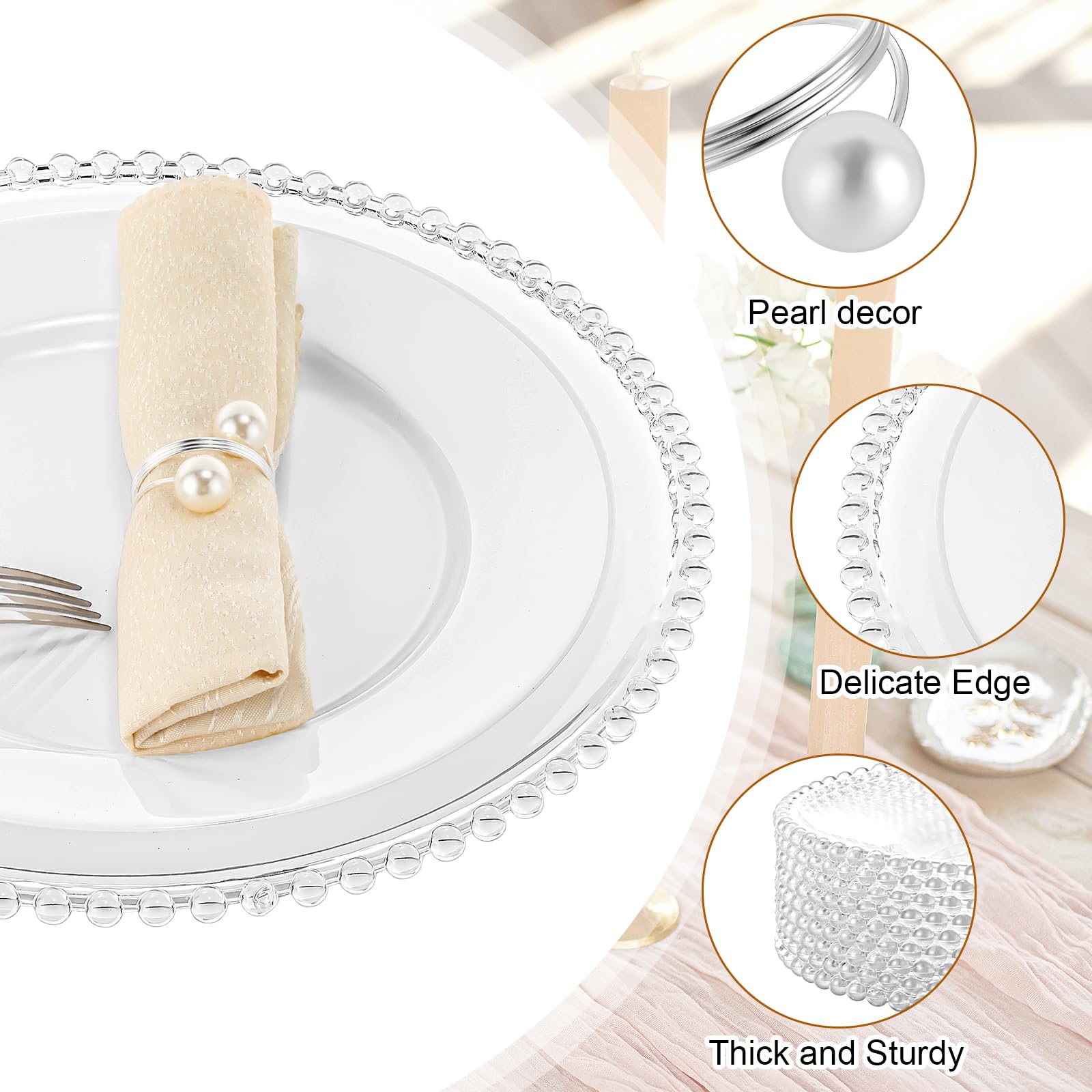 Tioncy 50-Pack Clear Acrylic Charger Plates with Beaded Edge - 13 Inch Round Decorative Dinner Plates & Napkin Rings Set for Wedding, Party, Banquet (Clear & Silver) | Elegant Table Setting for Formal Events & Holiday Dining