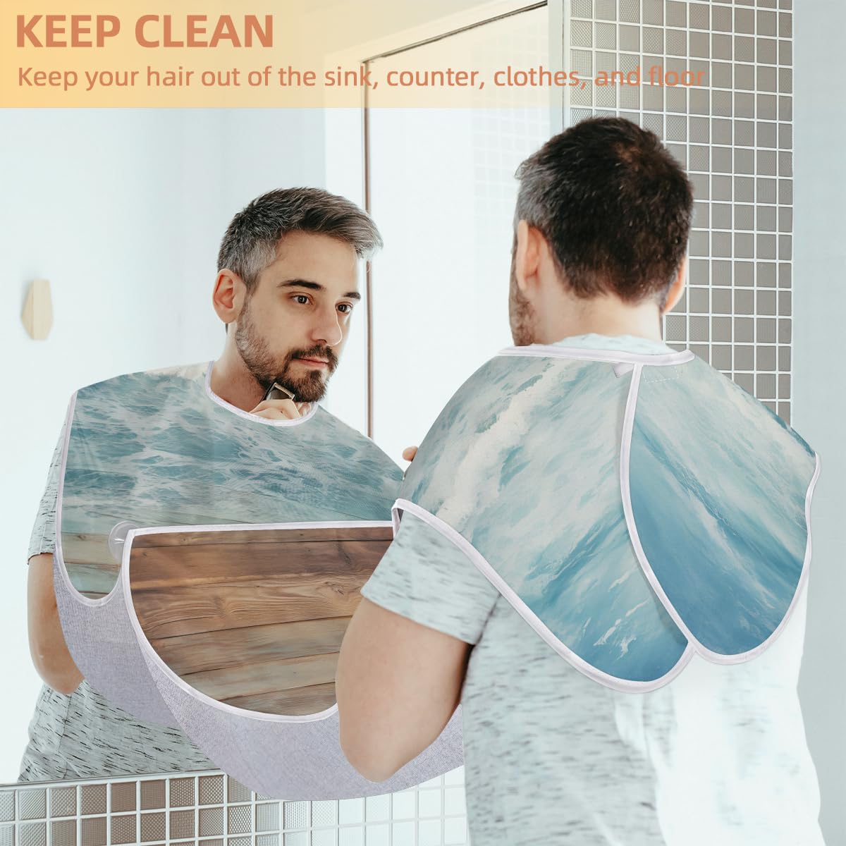 Wooden Ocean Beach Beard Shaving Bib for Men - Waterproof Barber Apron for Hair Dye & Makeup - Sink Hair Catcher for Beard Trimming & Lineup - Perfect Gift for Barbers & Stylists (Great for Home Grooming & Salon Use)